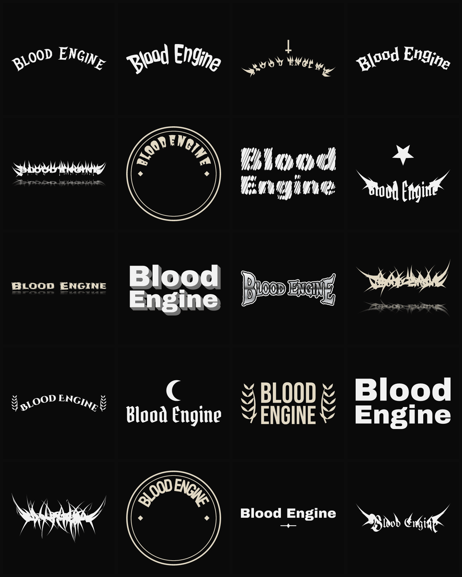 Twenty Blood Engine band logo ideas — different faces, treatments and spike settings