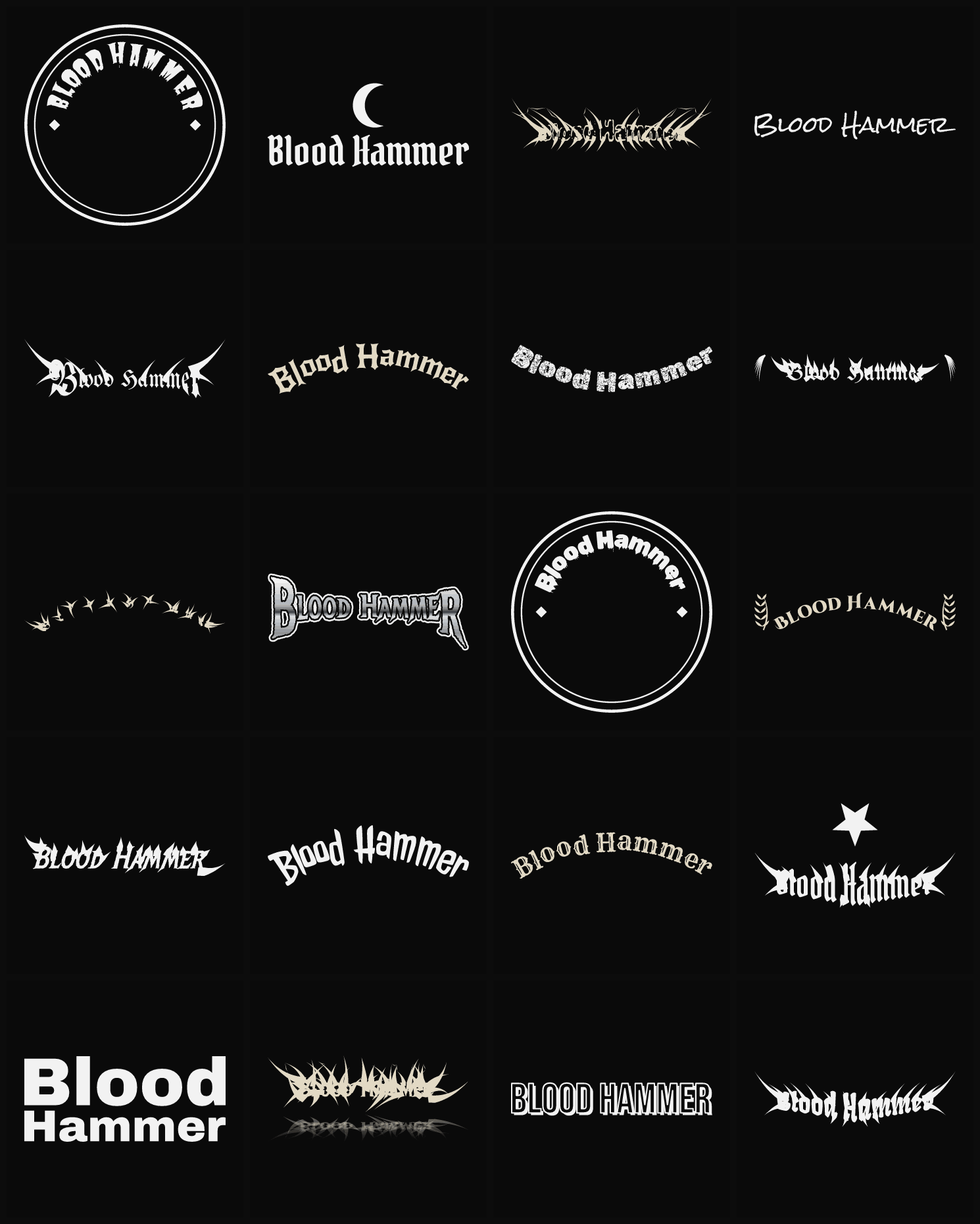 Twenty Blood Hammer band logo ideas — different faces, treatments and spike settings