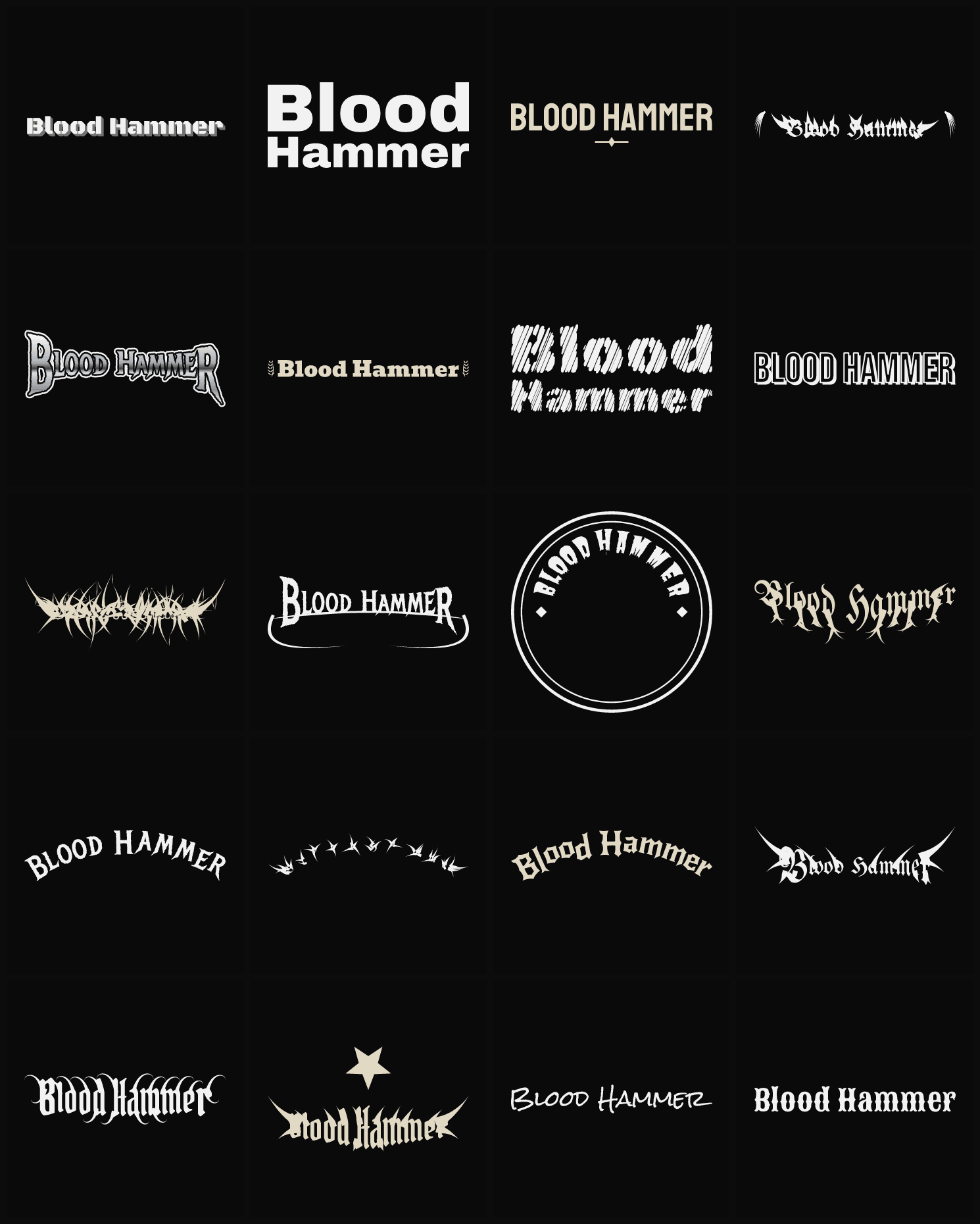 Twenty Blood Hammer band logo ideas — different faces, treatments and spike settings