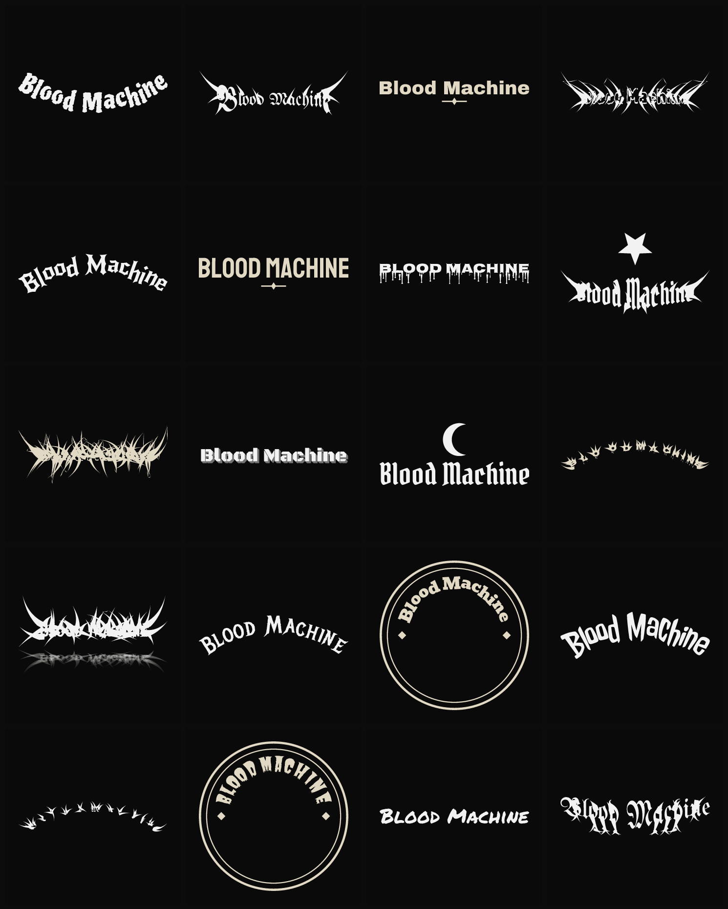 Twenty Blood Machine band logo ideas — different faces, treatments and spike settings