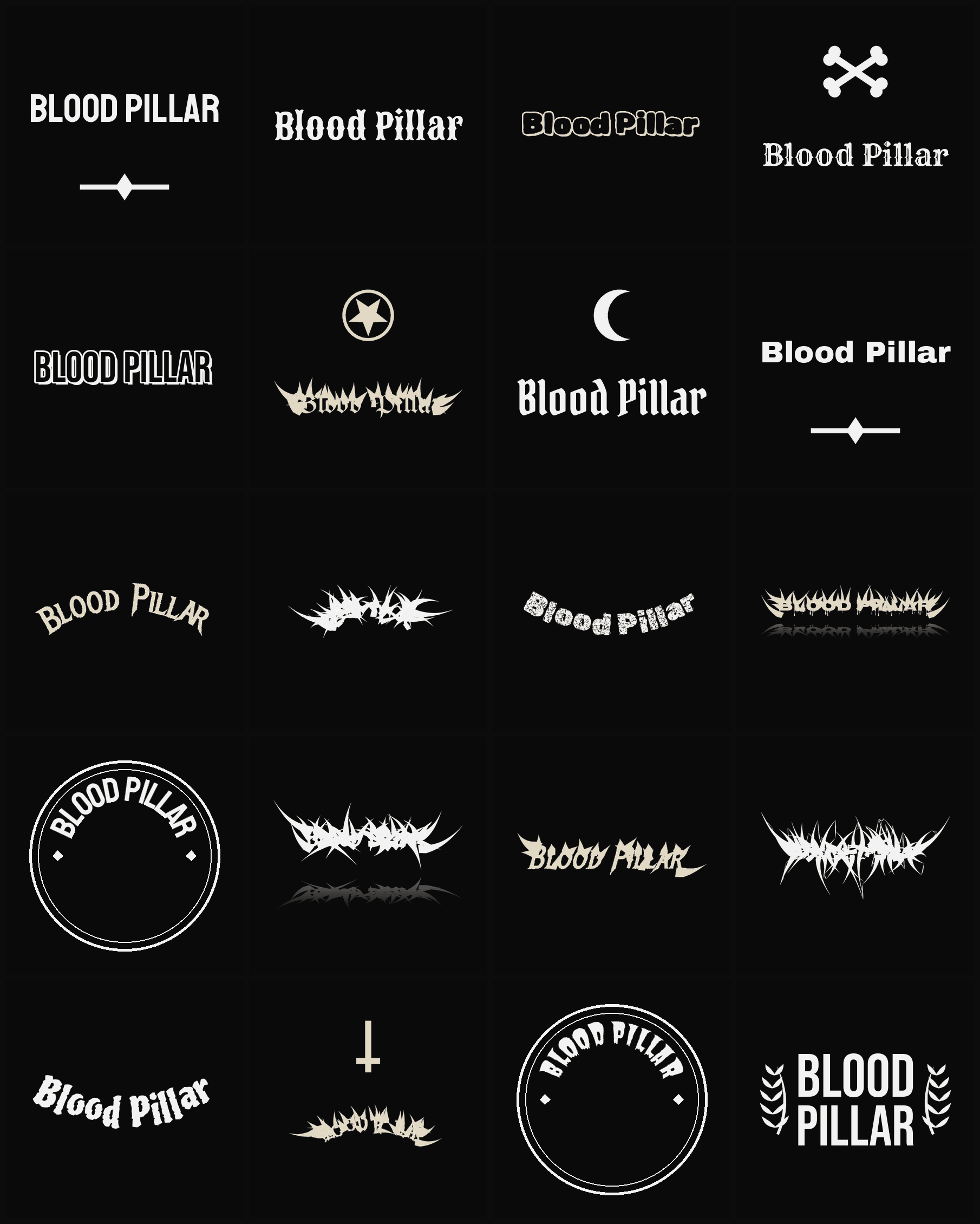 Twenty Blood Pillar band logo ideas — different faces, treatments and spike settings