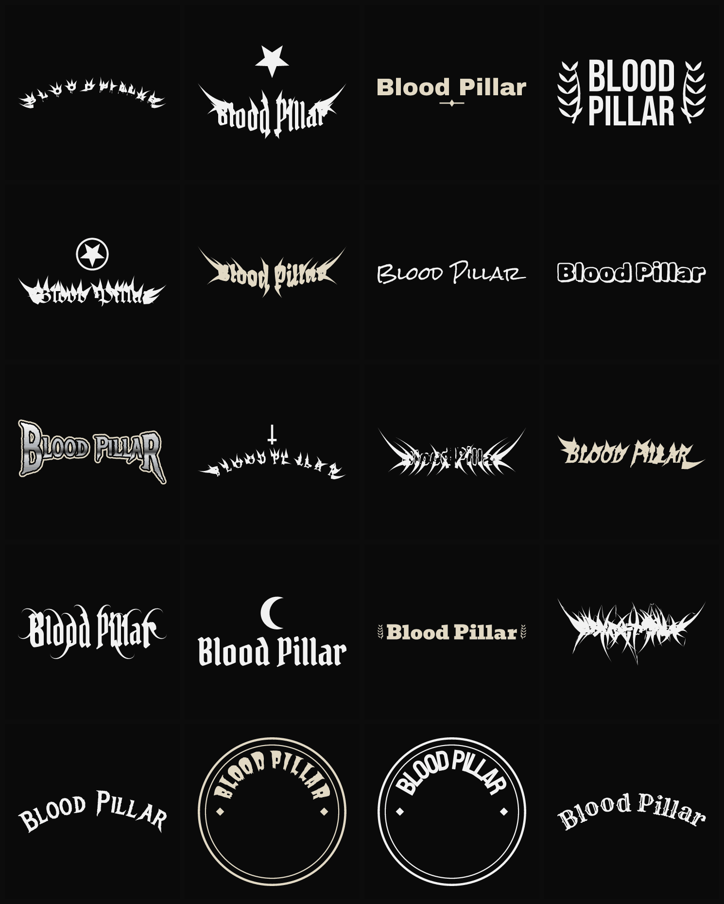 Twenty Blood Pillar band logo ideas — different faces, treatments and spike settings