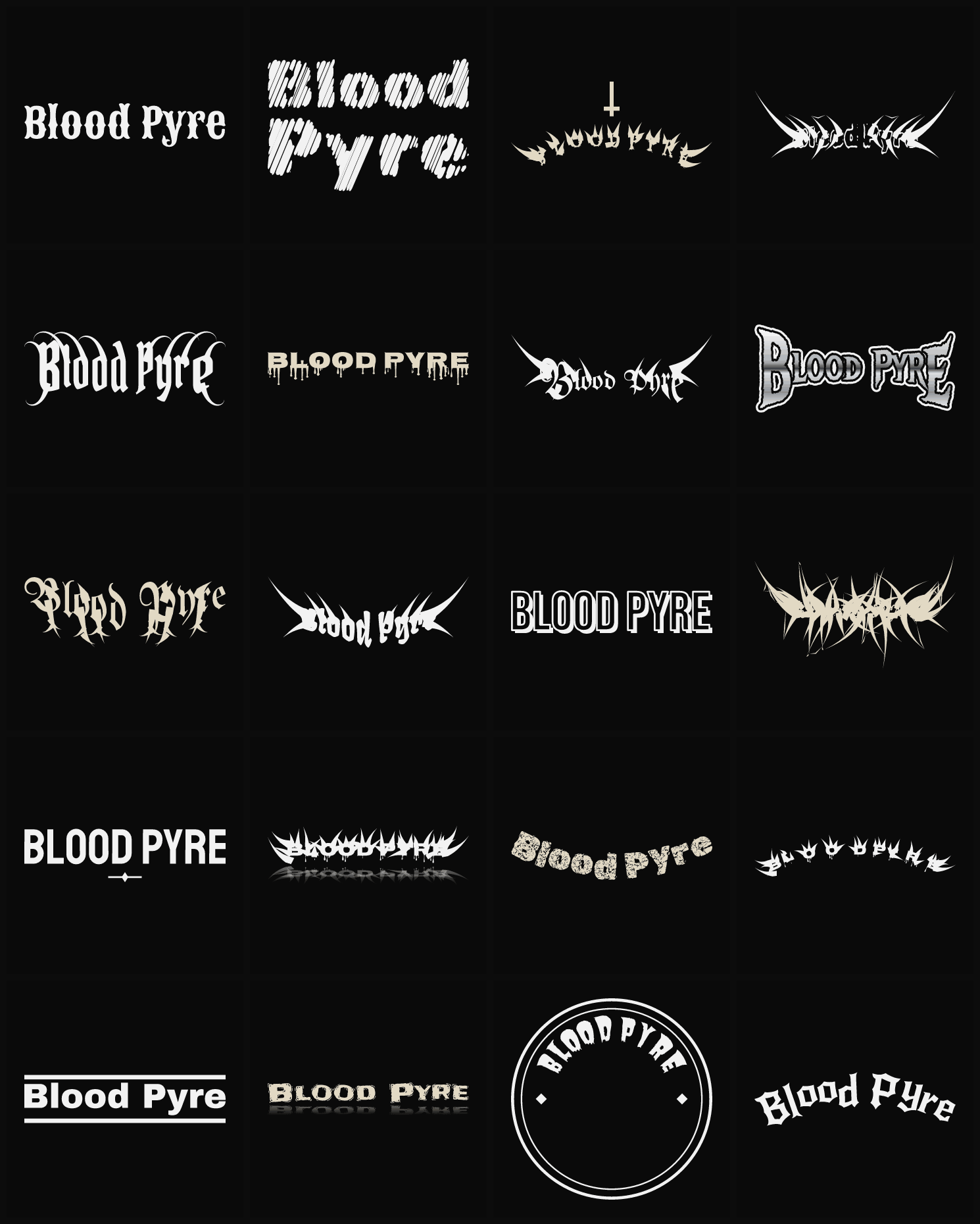 Twenty Blood Pyre band logo ideas — different faces, treatments and spike settings