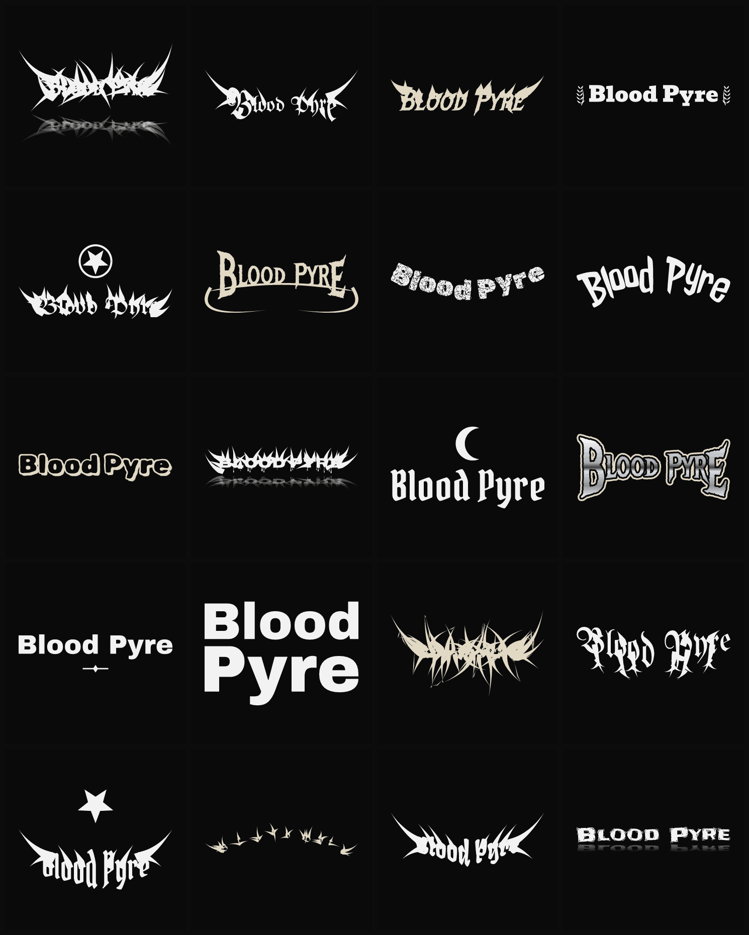 Twenty Blood Pyre band logo ideas — different faces, treatments and spike settings