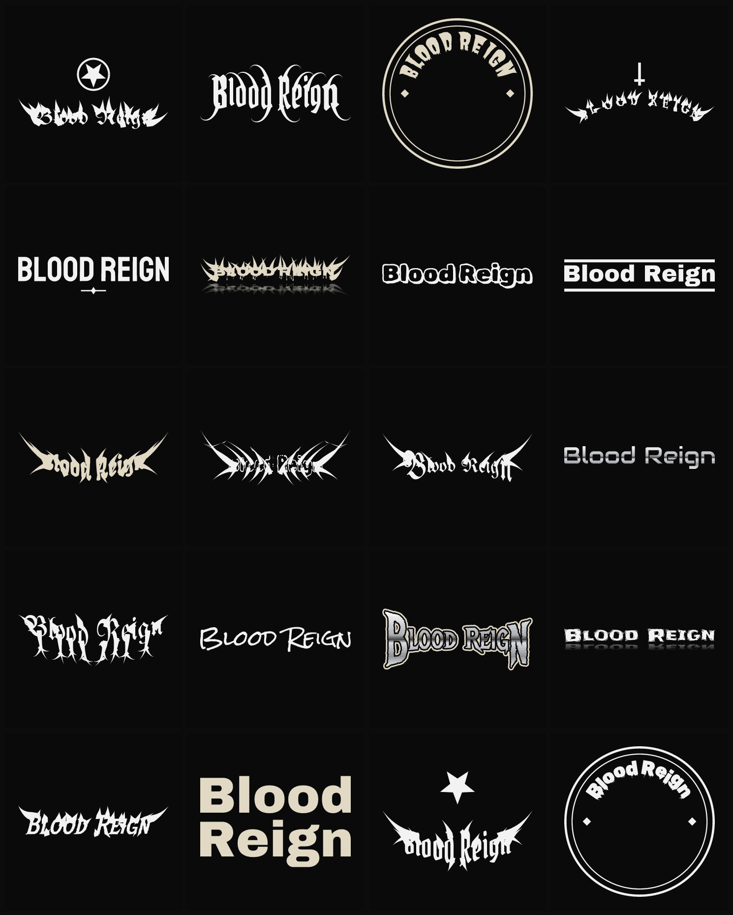 Twenty Blood Reign band logo ideas — different faces, treatments and spike settings