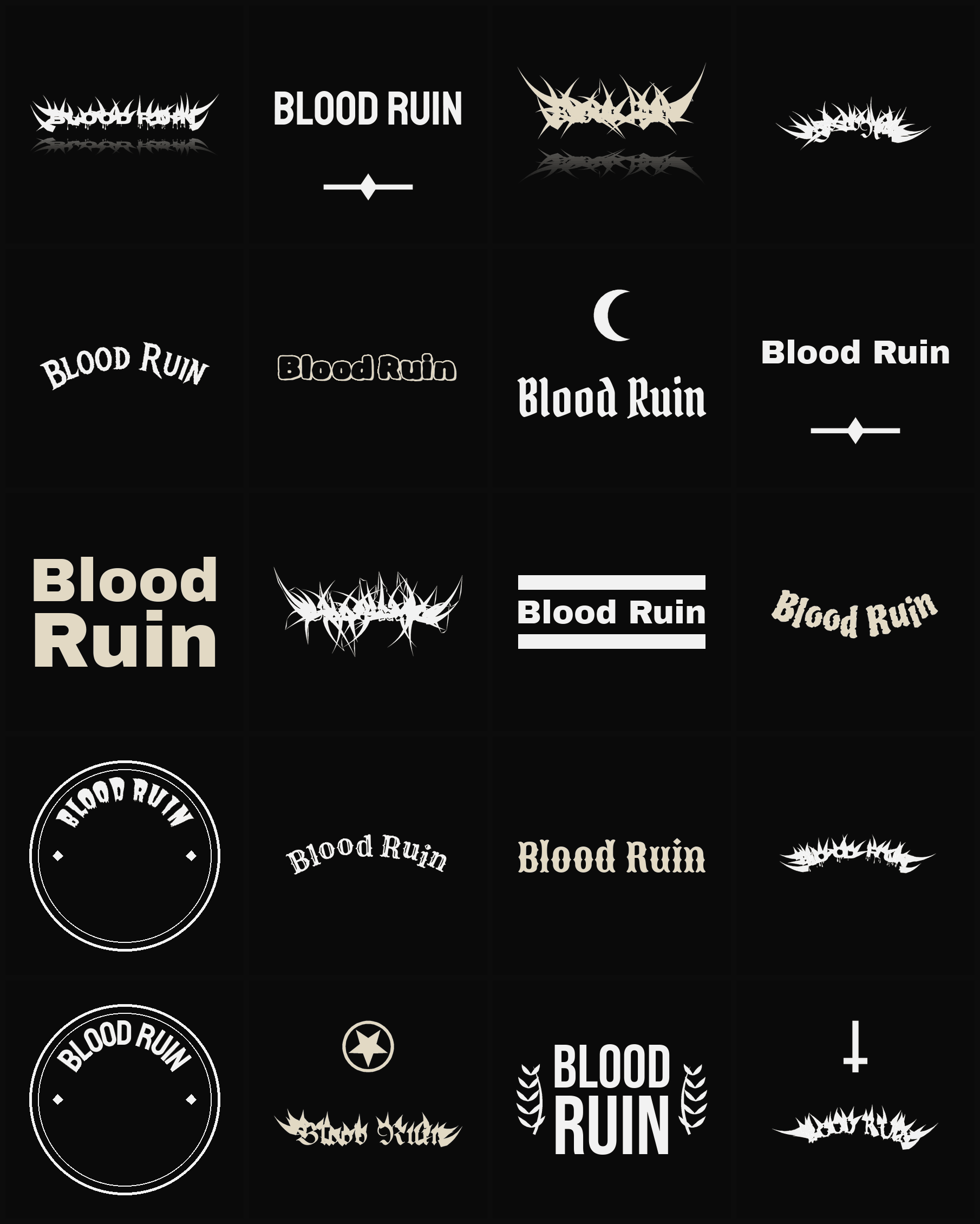 Twenty Blood Ruin band logo ideas — different faces, treatments and spike settings