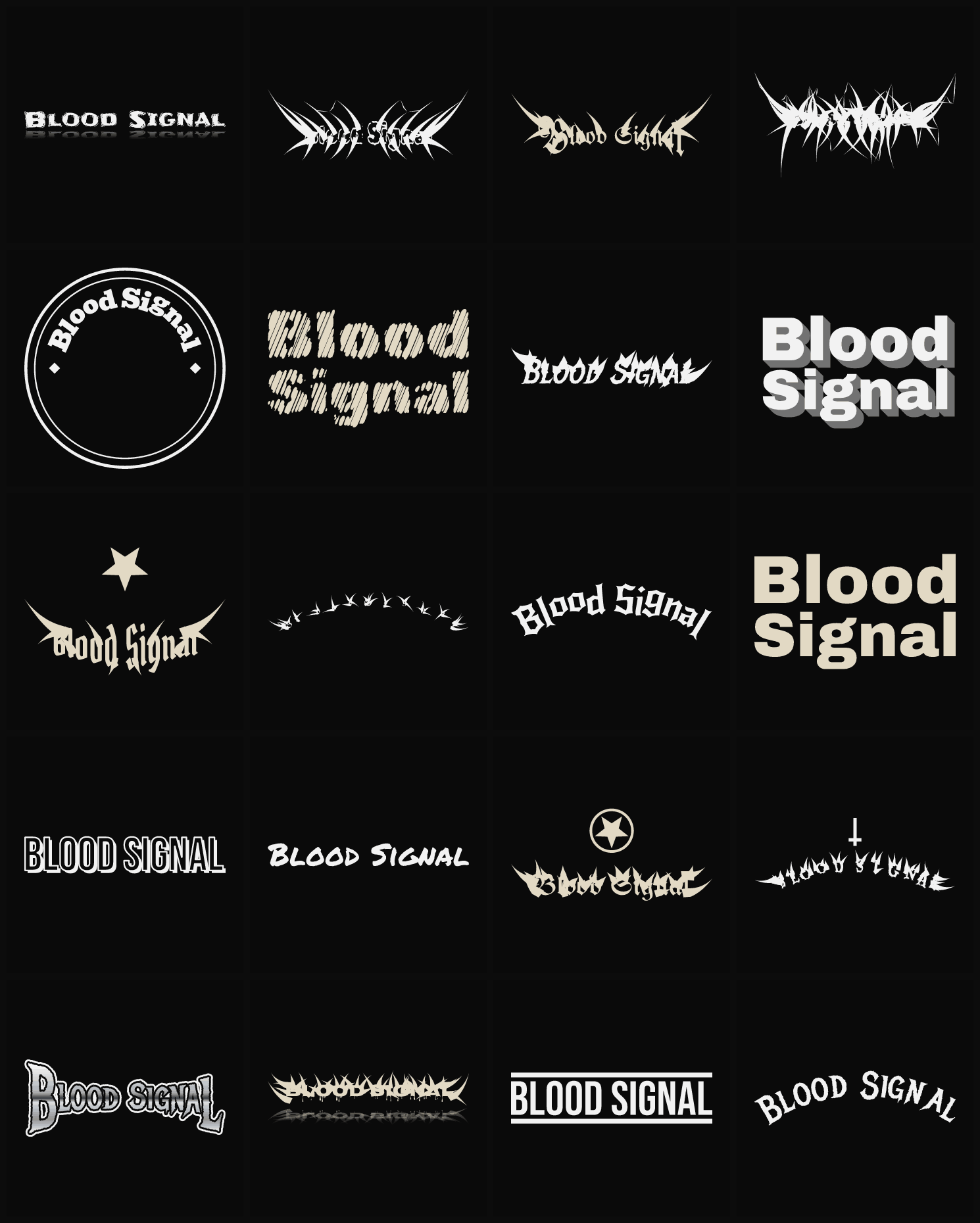 Twenty Blood Signal band logo ideas — different faces, treatments and spike settings