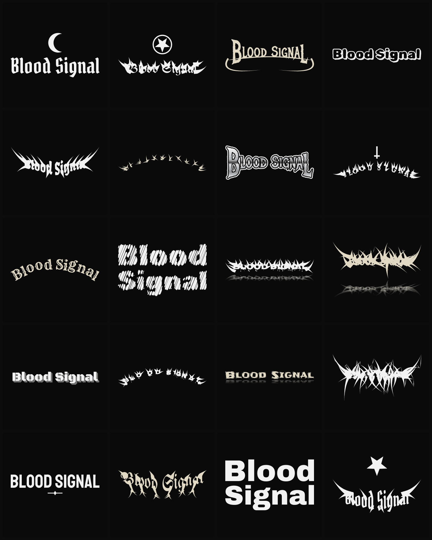 Twenty Blood Signal band logo ideas — different faces, treatments and spike settings