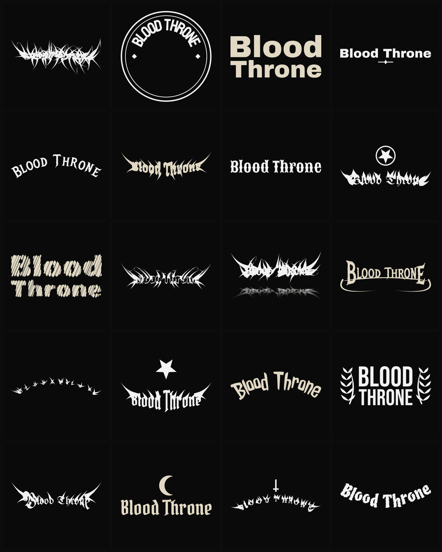 Twenty Blood Throne band logo ideas — different faces, treatments and spike settings