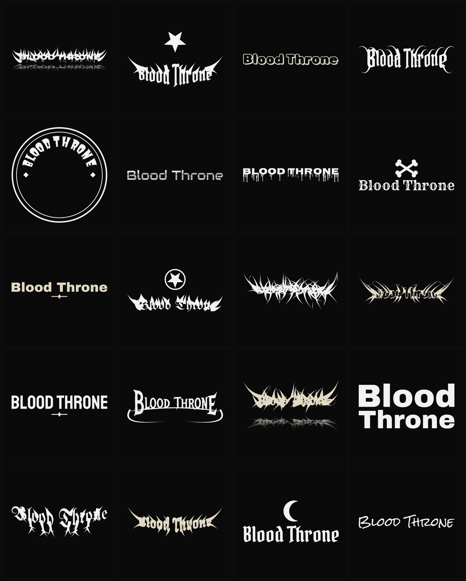 Twenty Blood Throne band logo ideas — different faces, treatments and spike settings