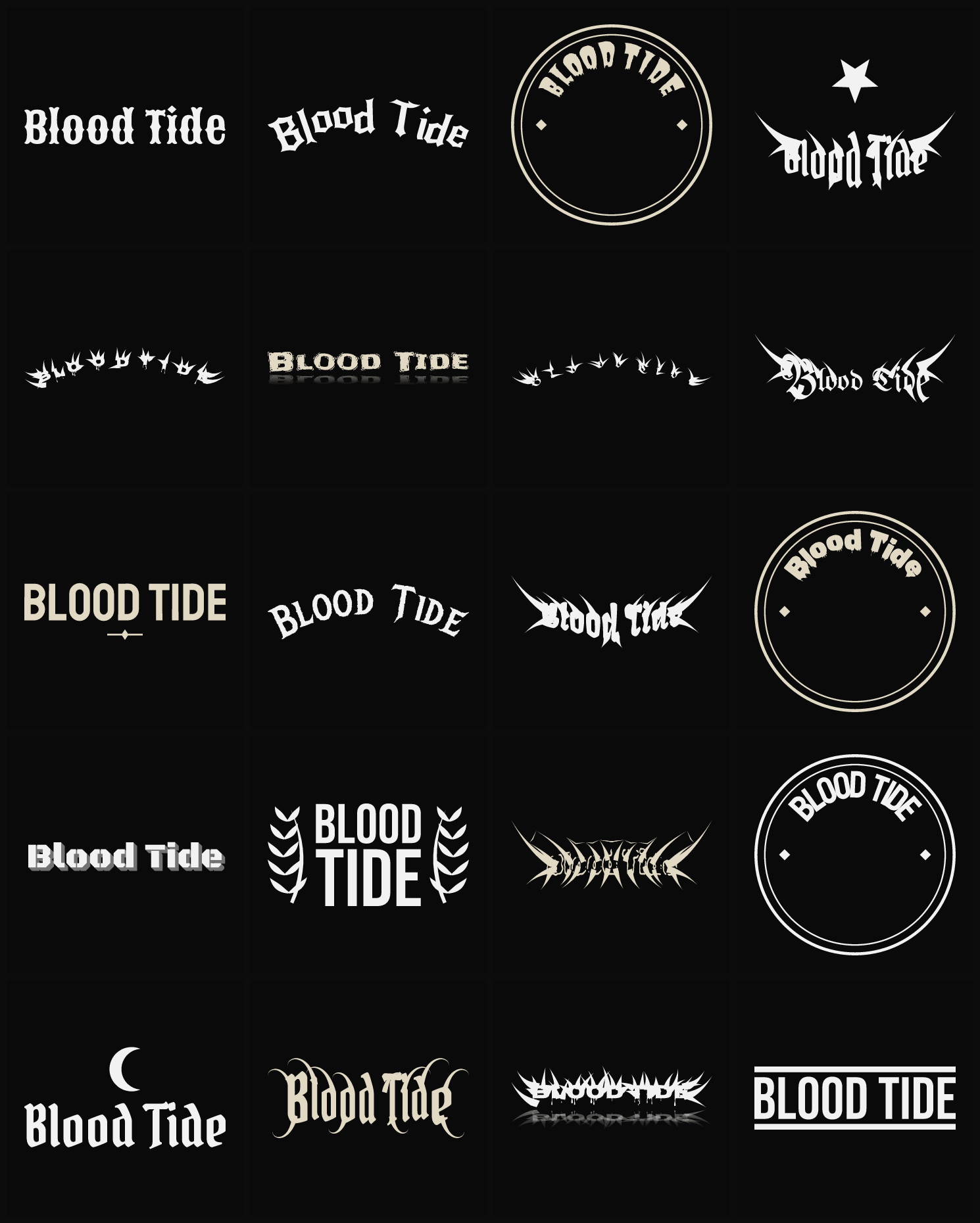 Twenty Blood Tide band logo ideas — different faces, treatments and spike settings
