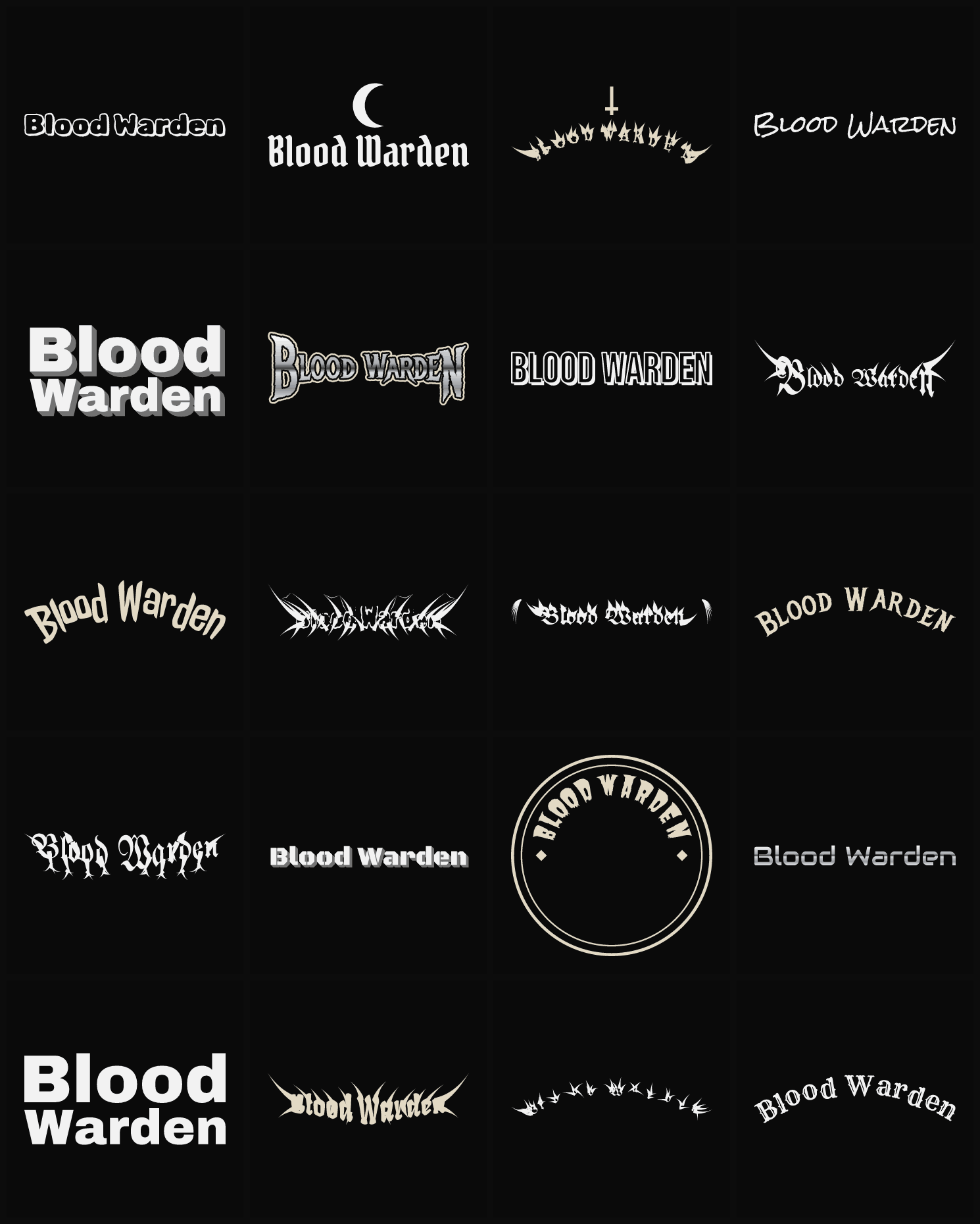 Twenty Blood Warden band logo ideas — different faces, treatments and spike settings