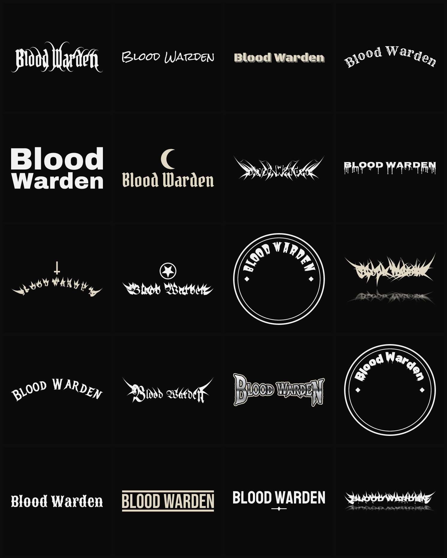 Twenty Blood Warden band logo ideas — different faces, treatments and spike settings
