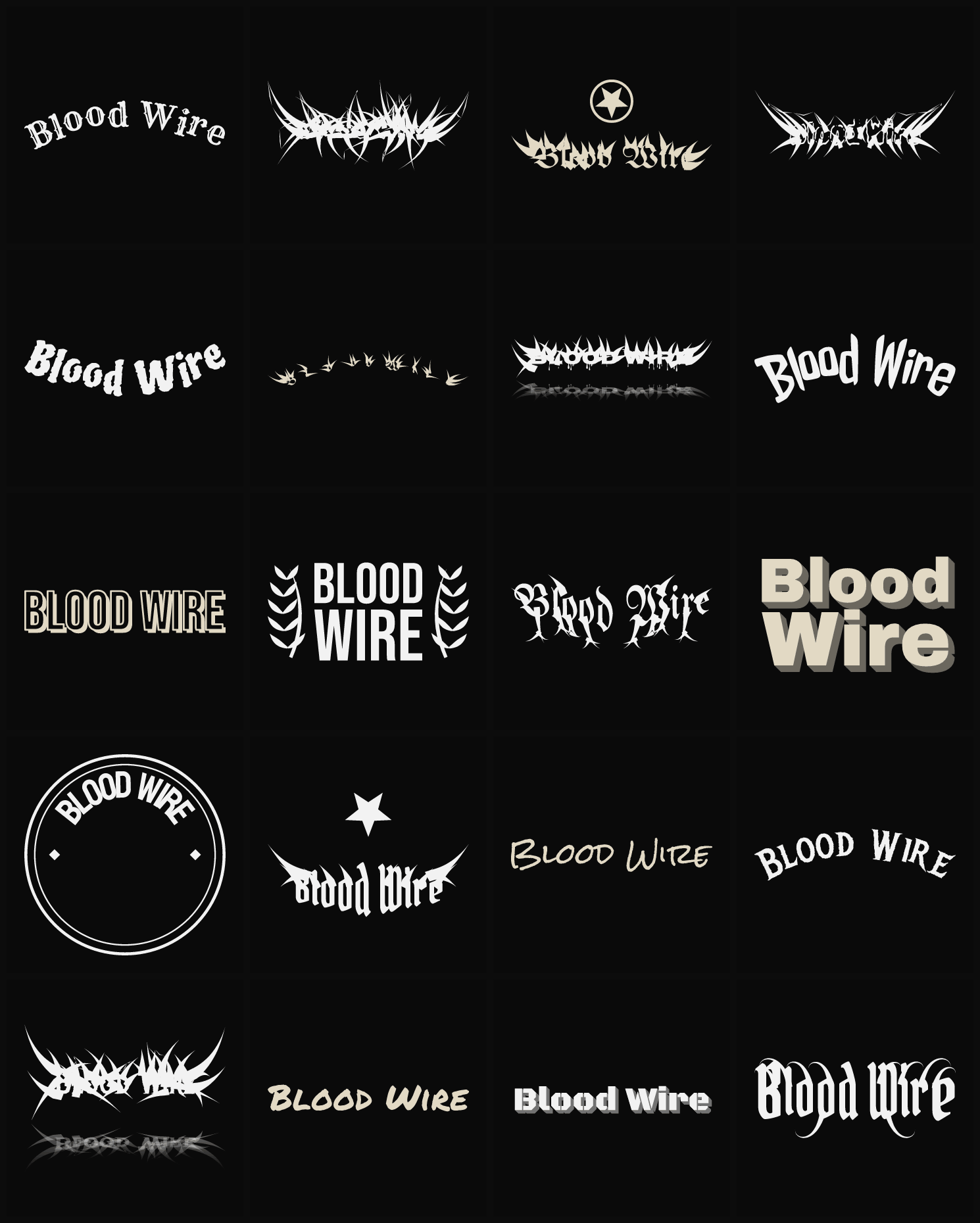 Twenty Blood Wire band logo ideas — different faces, treatments and spike settings