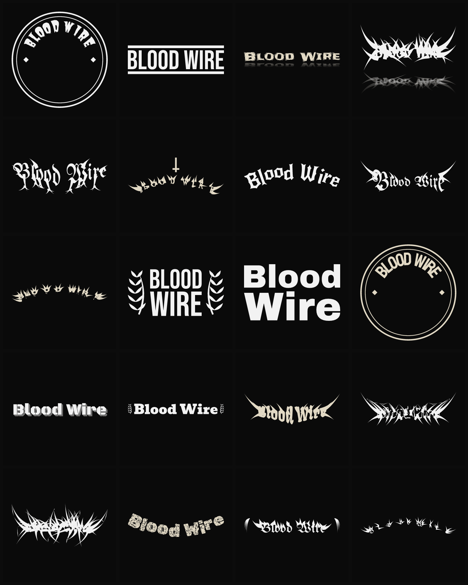 Twenty Blood Wire band logo ideas — different faces, treatments and spike settings