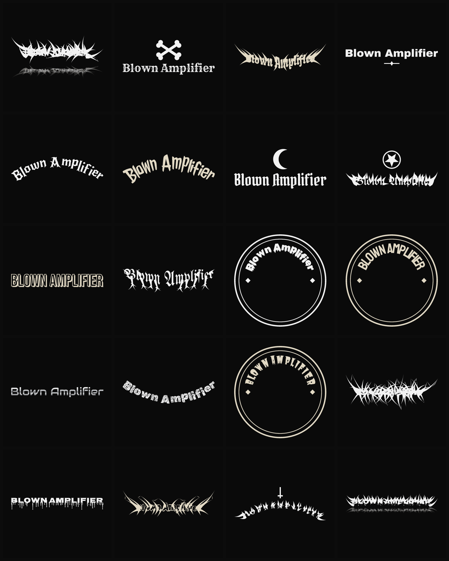 Twenty Blown Amplifier band logo ideas — different faces, treatments and spike settings