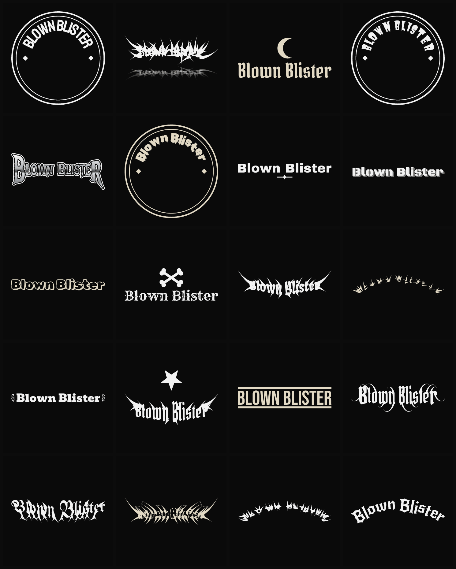 Twenty Blown Blister band logo ideas — different faces, treatments and spike settings