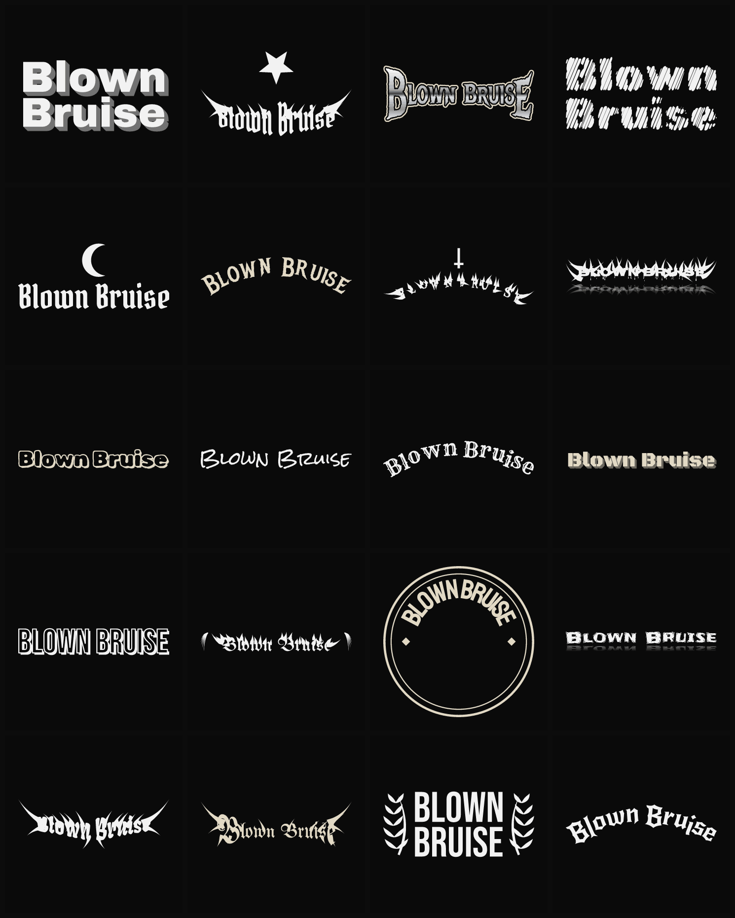 Twenty Blown Bruise band logo ideas — different faces, treatments and spike settings