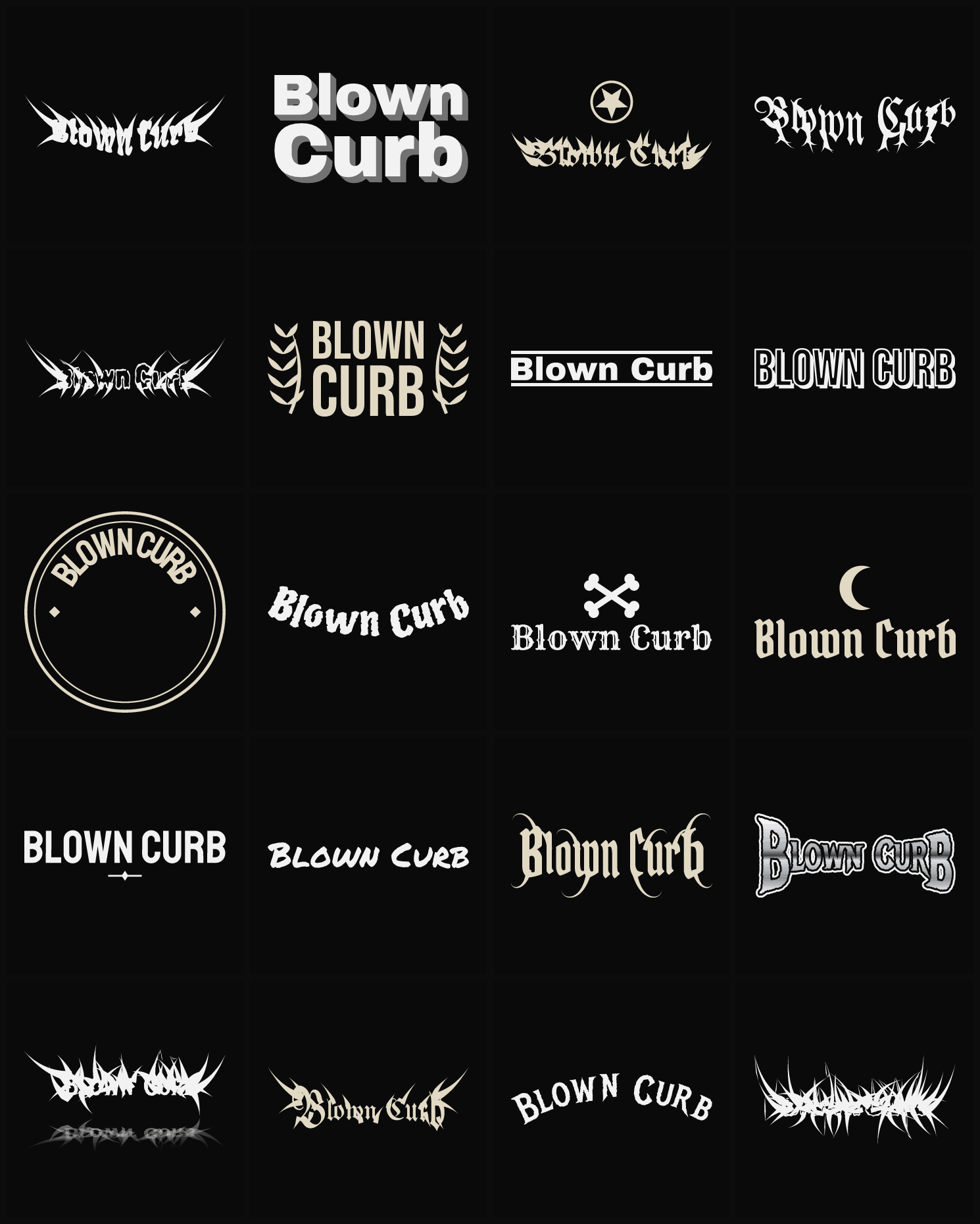 Twenty Blown Curb band logo ideas — different faces, treatments and spike settings
