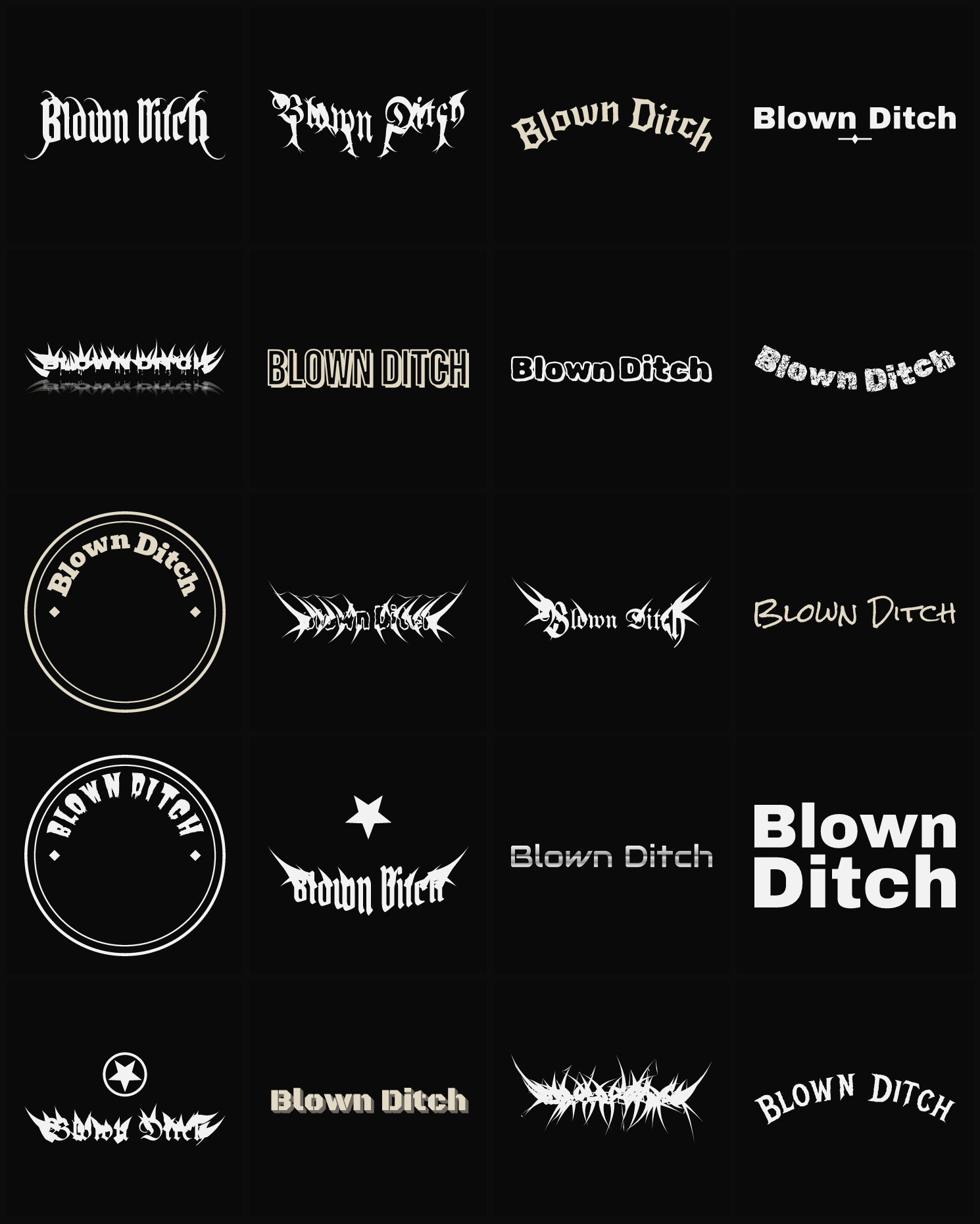 Twenty Blown Ditch band logo ideas — different faces, treatments and spike settings