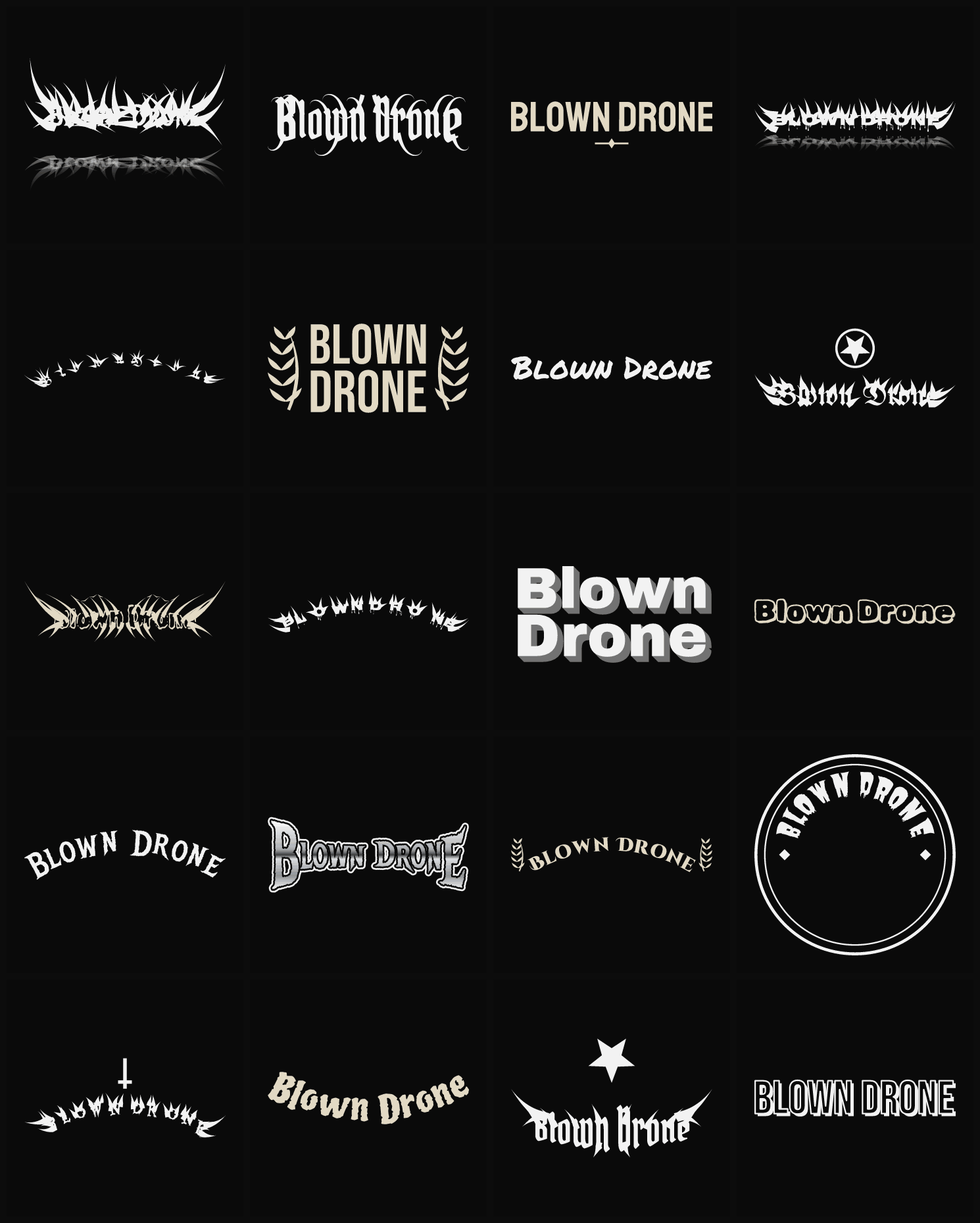 Twenty Blown Drone band logo ideas — different faces, treatments and spike settings