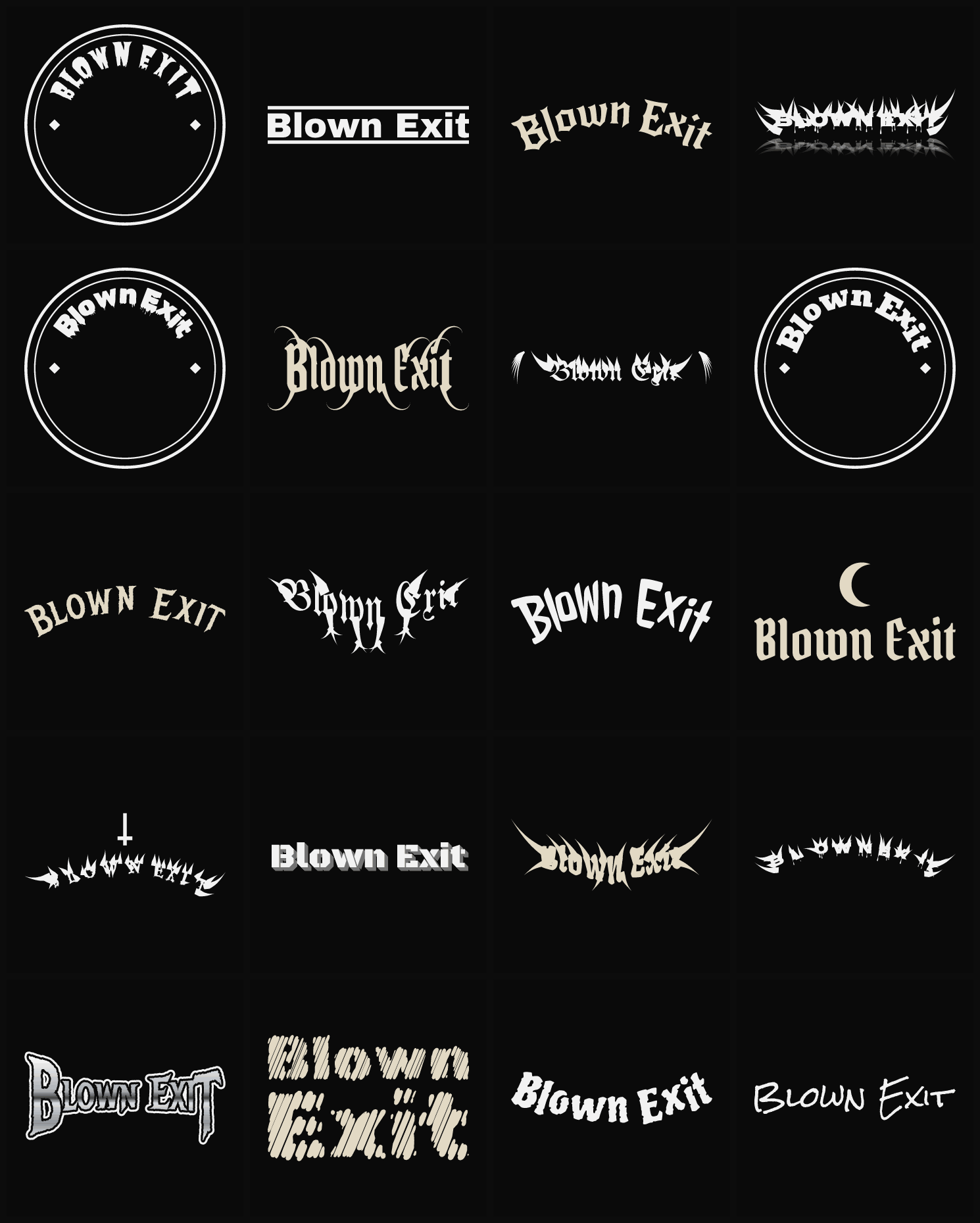 Twenty Blown Exit band logo ideas — different faces, treatments and spike settings