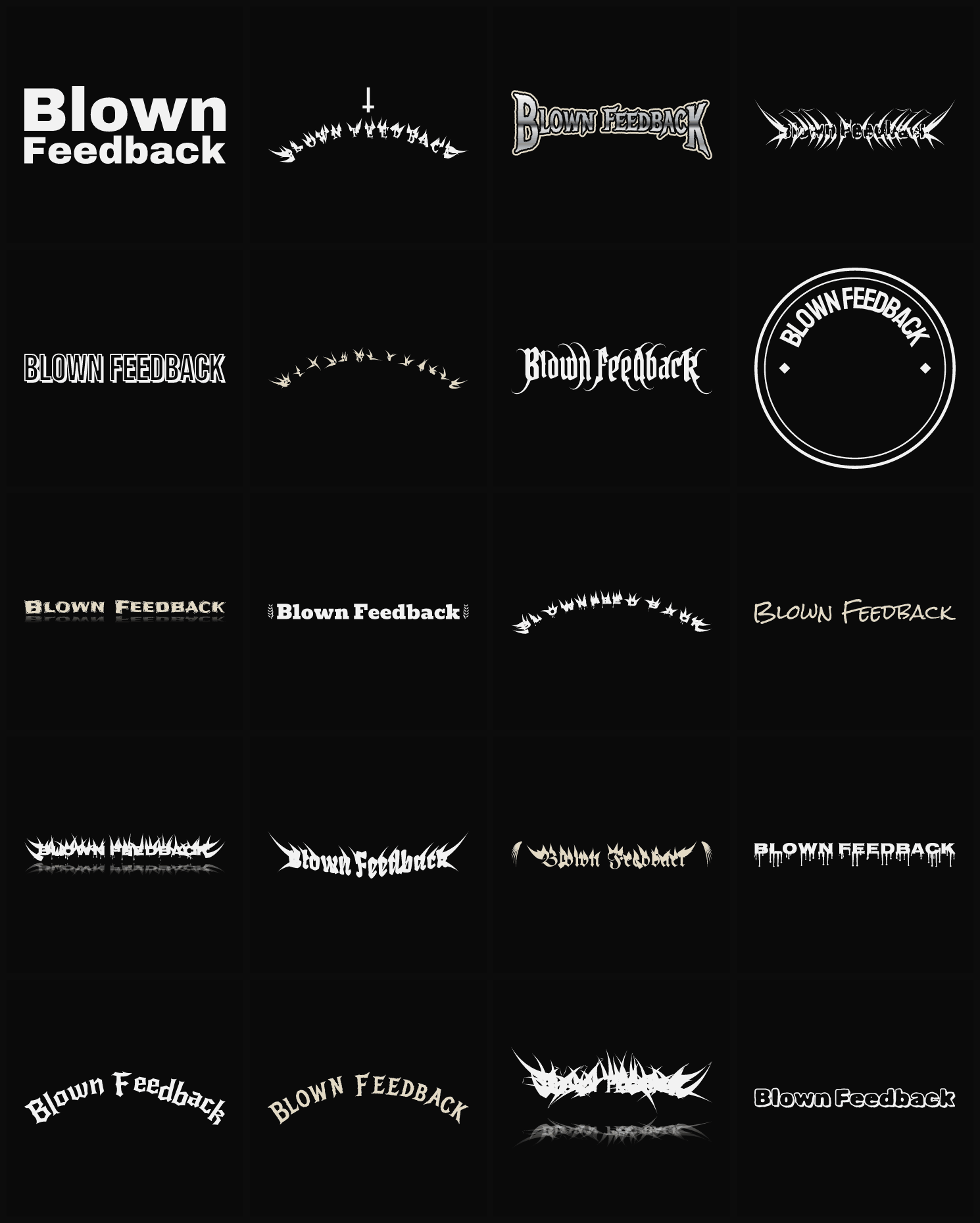 Twenty Blown Feedback band logo ideas — different faces, treatments and spike settings