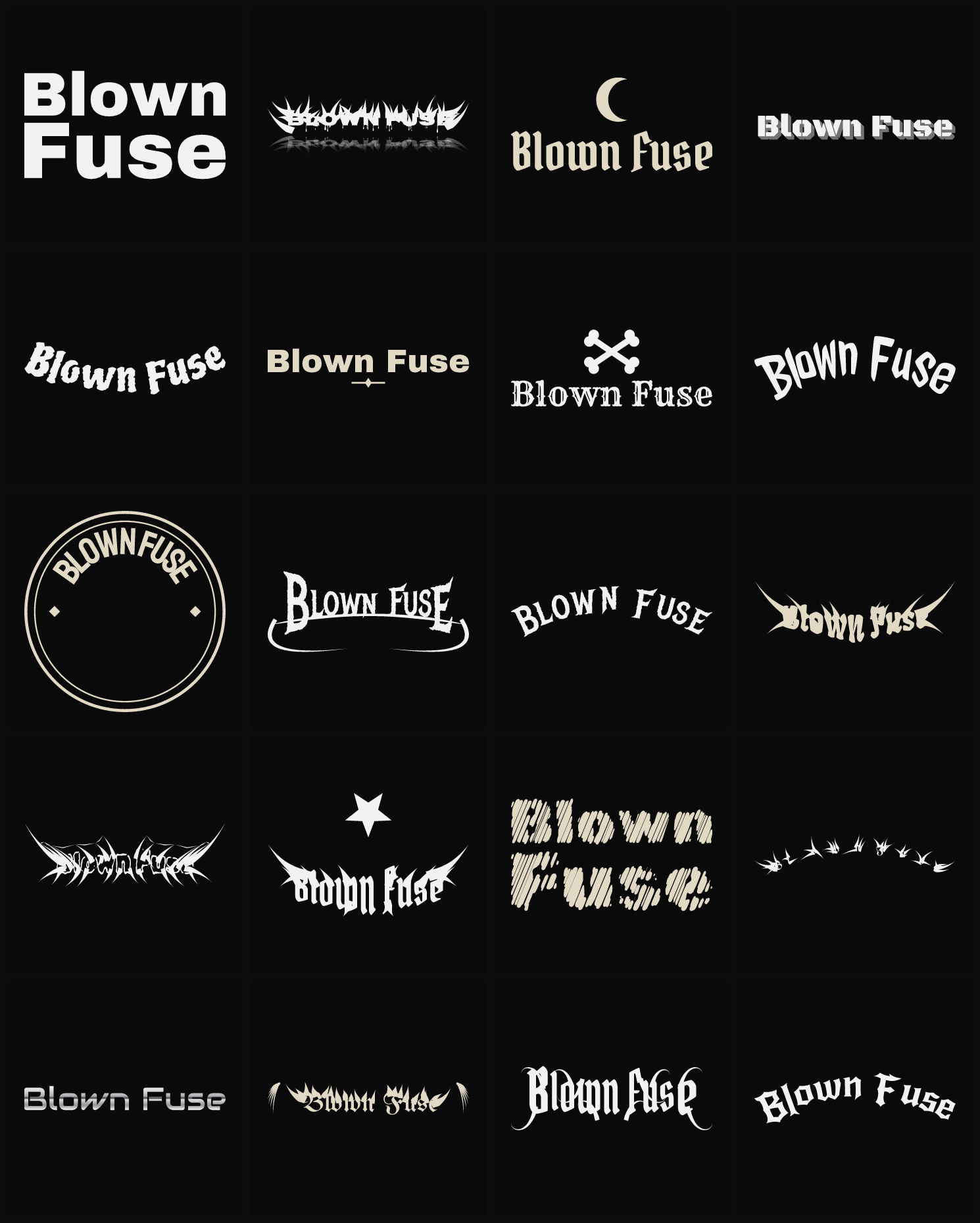 Twenty Blown Fuse band logo ideas — different faces, treatments and spike settings