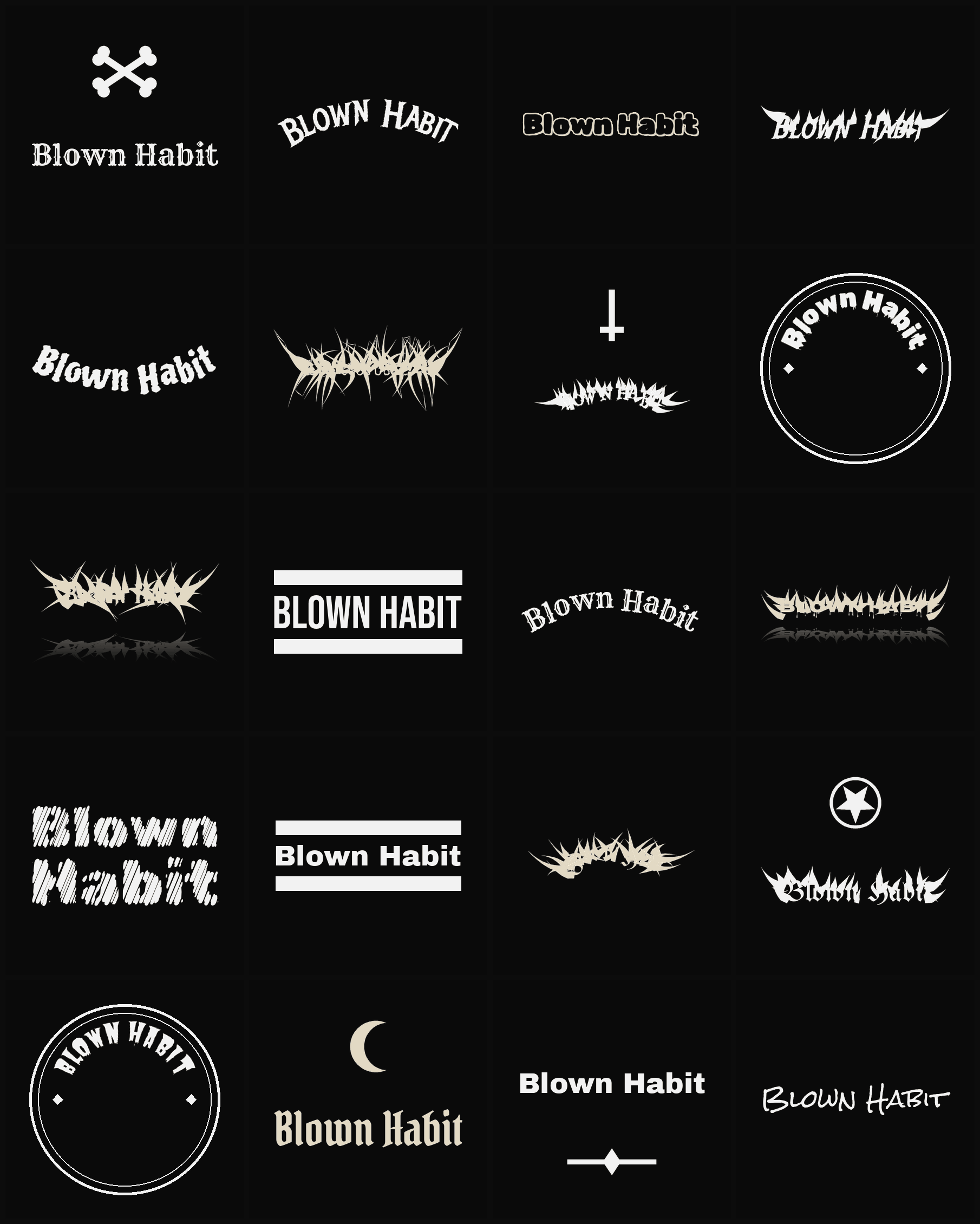 Twenty Blown Habit band logo ideas — different faces, treatments and spike settings