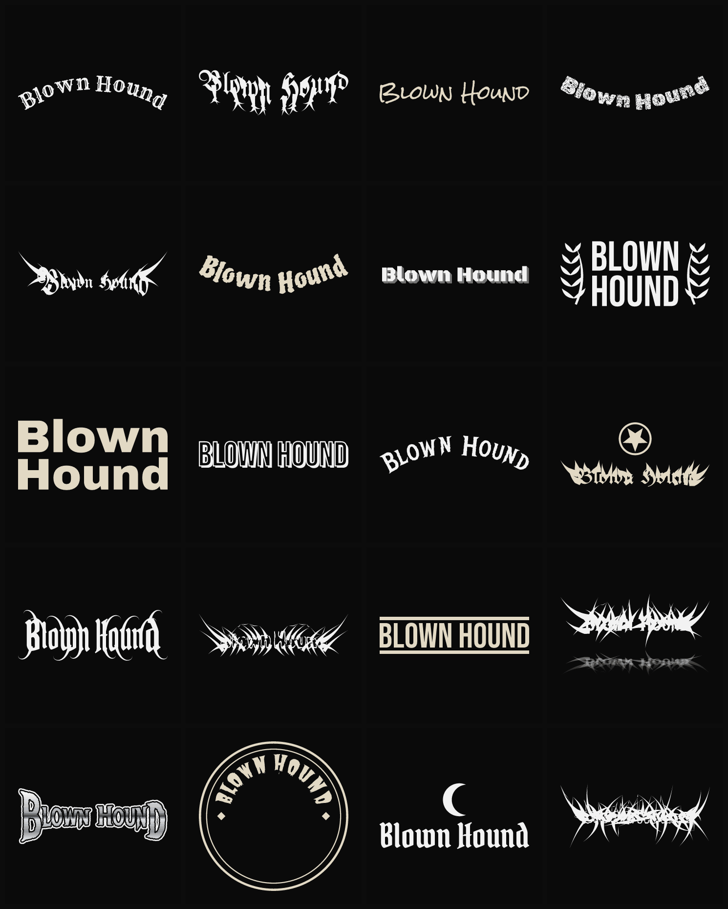 Twenty Blown Hound band logo ideas — different faces, treatments and spike settings