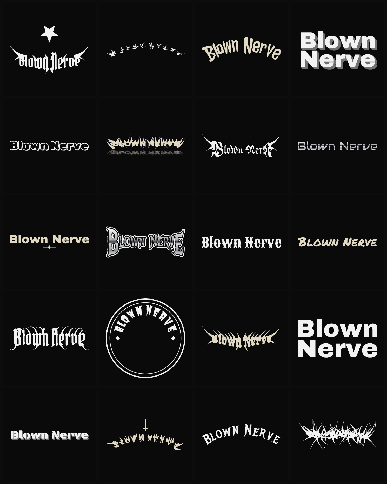Twenty Blown Nerve band logo ideas — different faces, treatments and spike settings