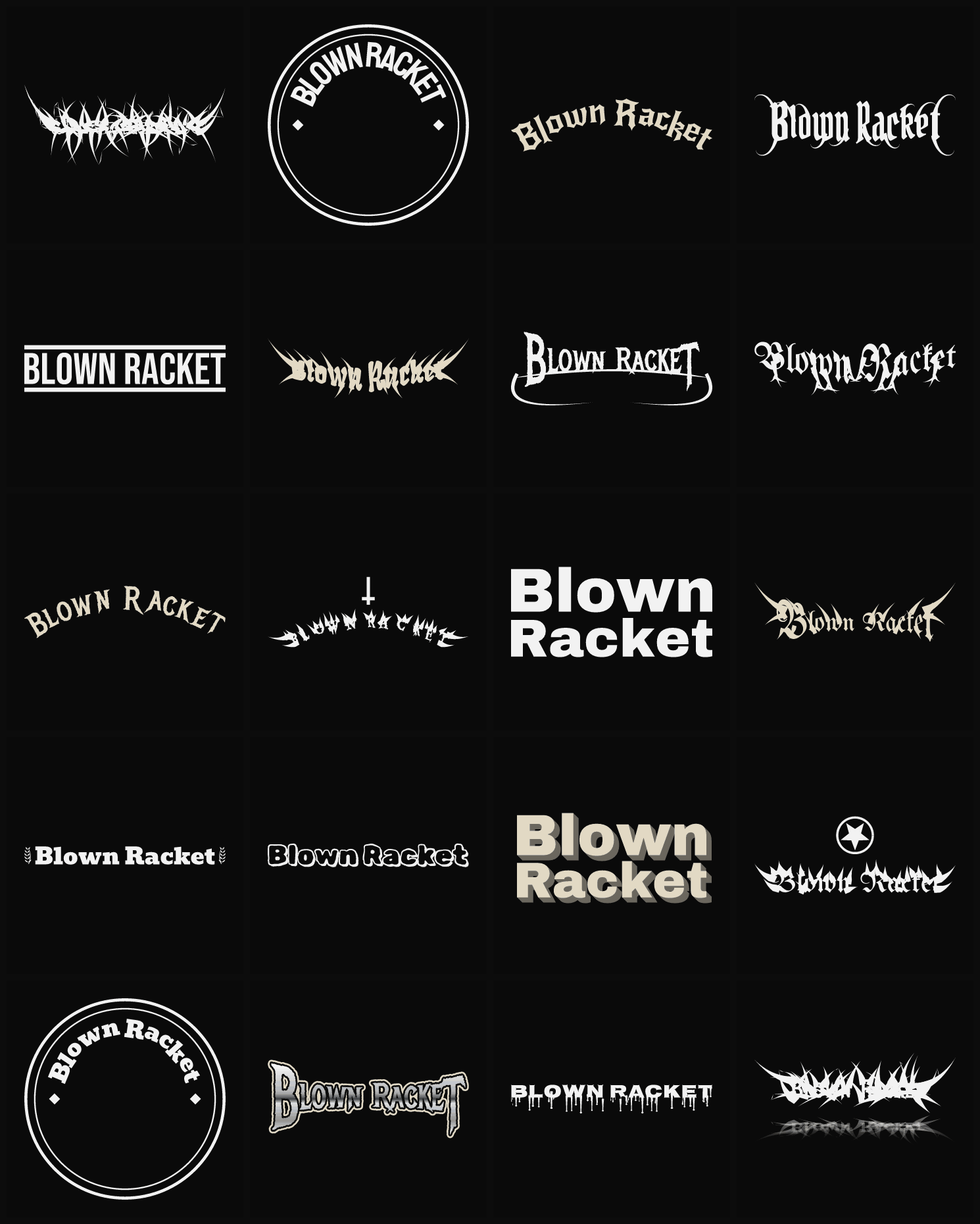 Twenty Blown Racket band logo ideas — different faces, treatments and spike settings