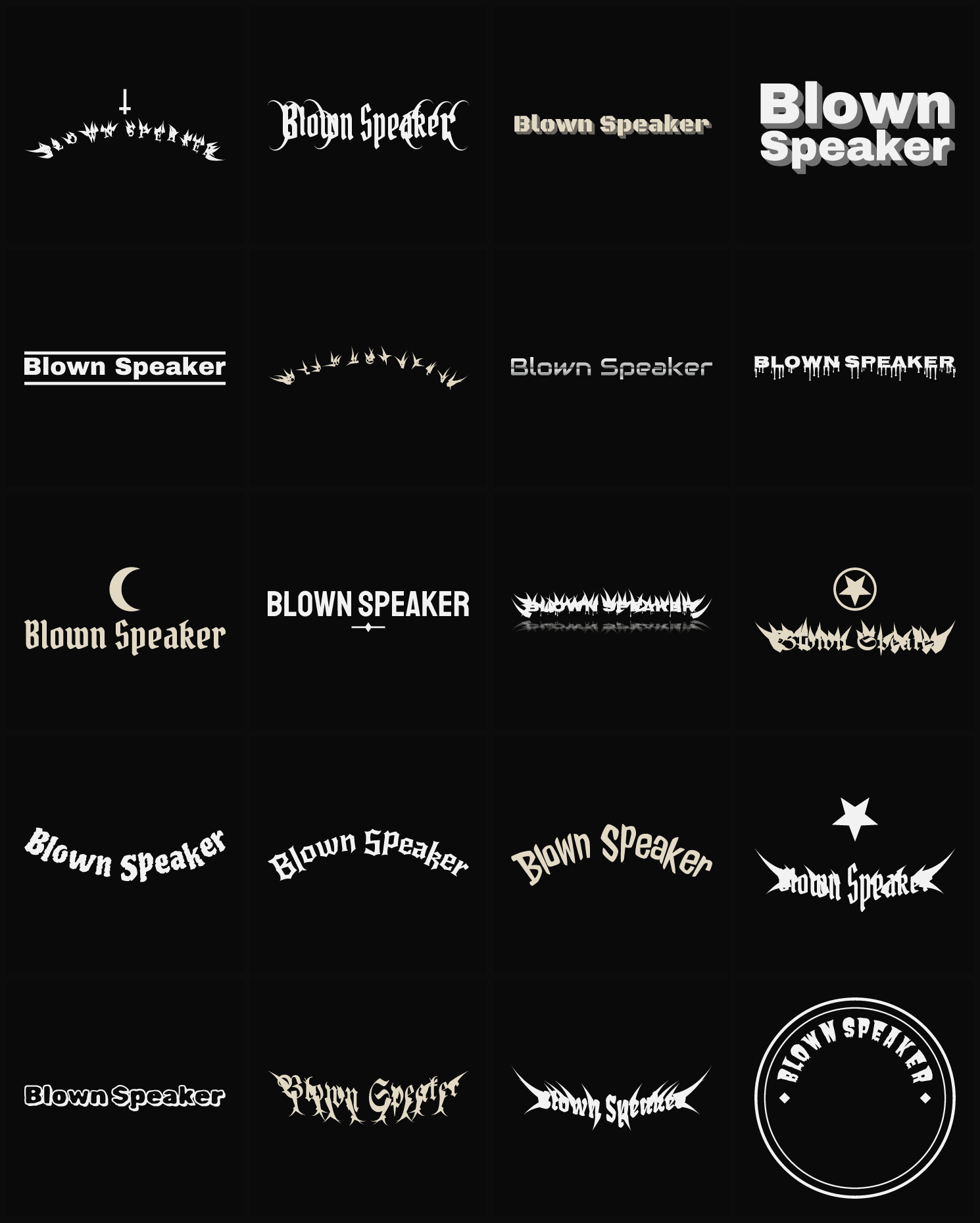 Twenty Blown Speaker band logo ideas — different faces, treatments and spike settings