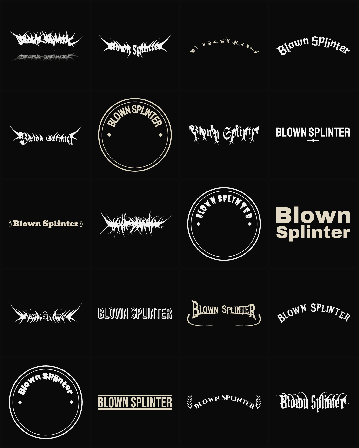 Twenty Blown Splinter band logo ideas — different faces, treatments and spike settings
