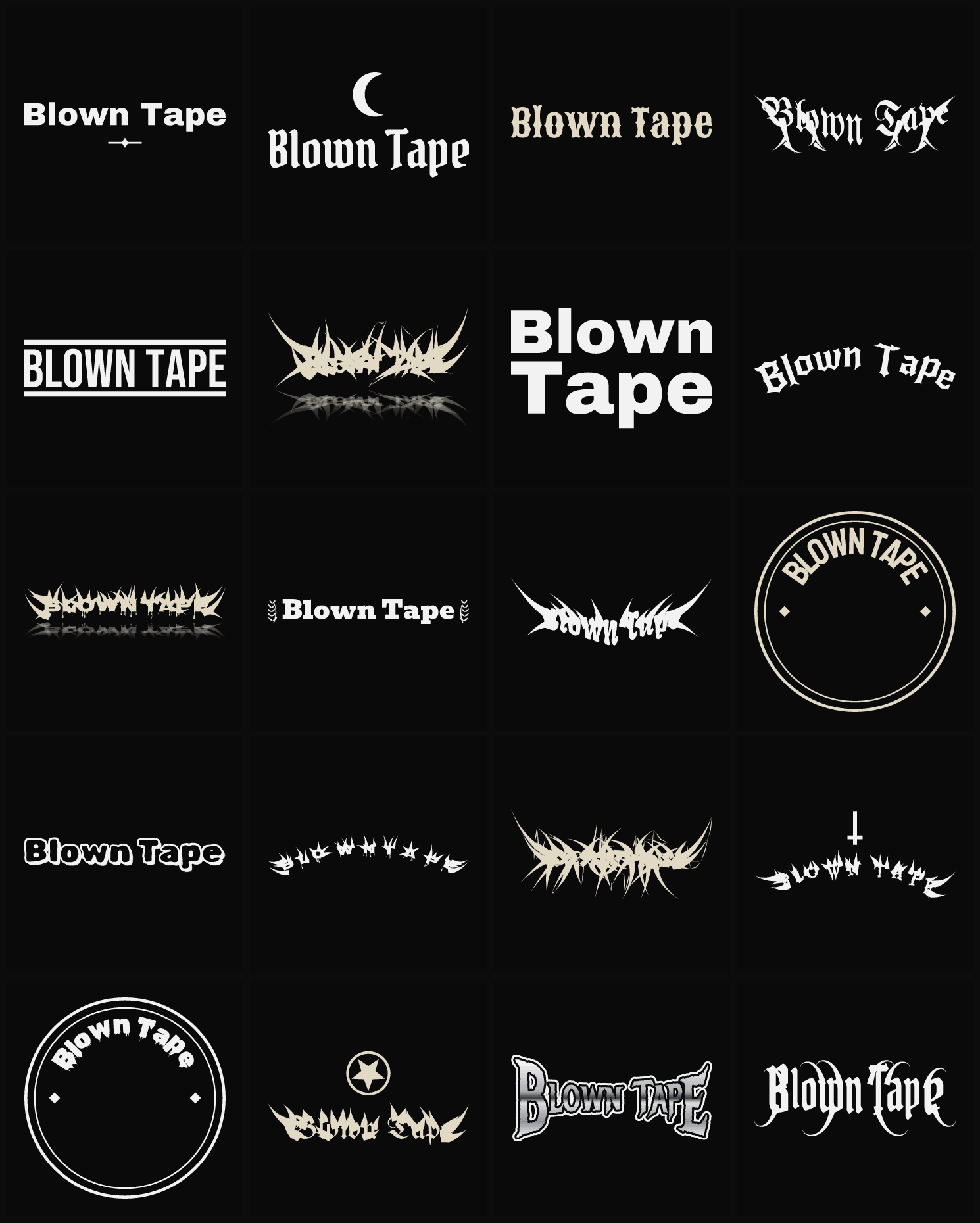Twenty Blown Tape band logo ideas — different faces, treatments and spike settings