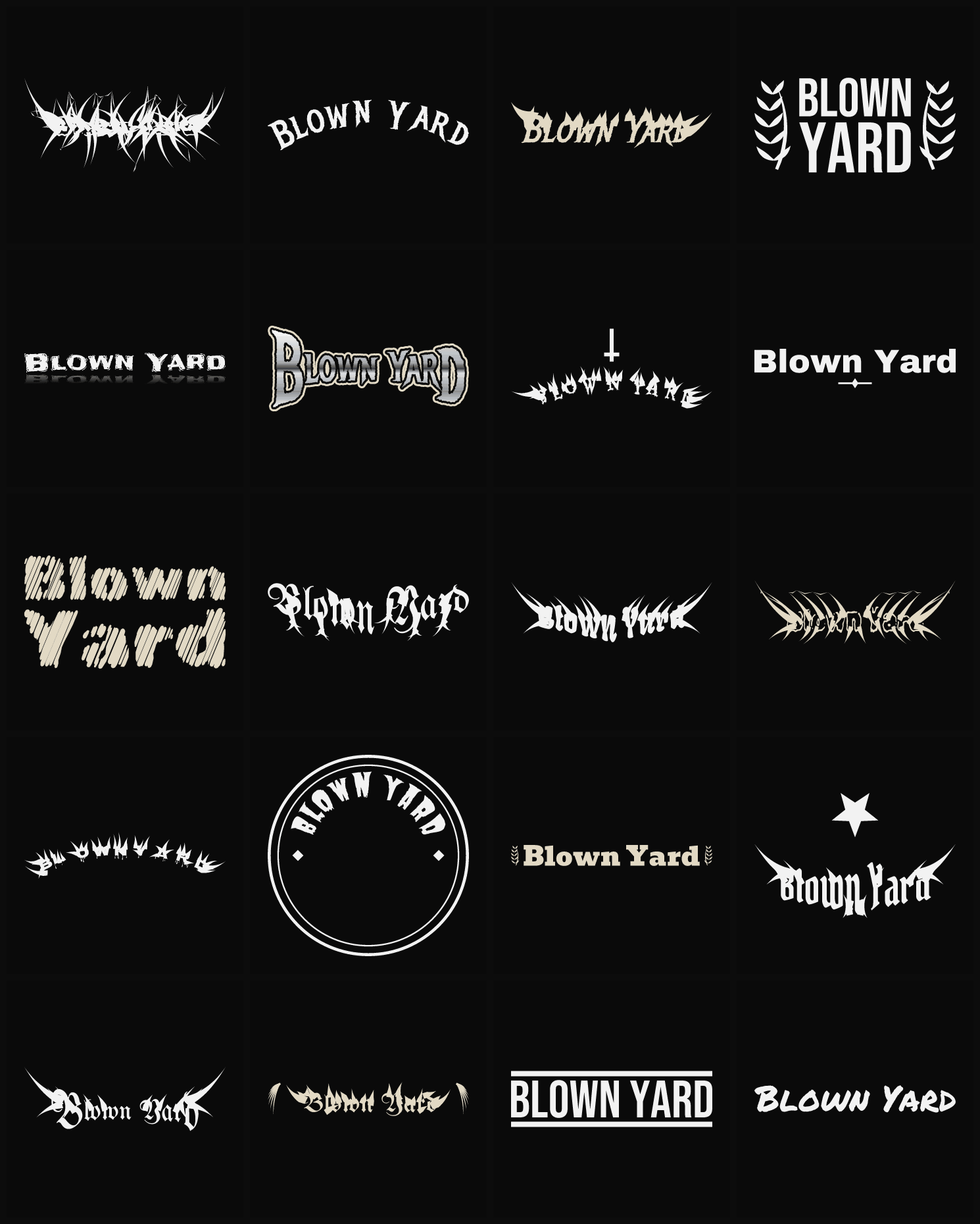 Twenty Blown Yard band logo ideas — different faces, treatments and spike settings