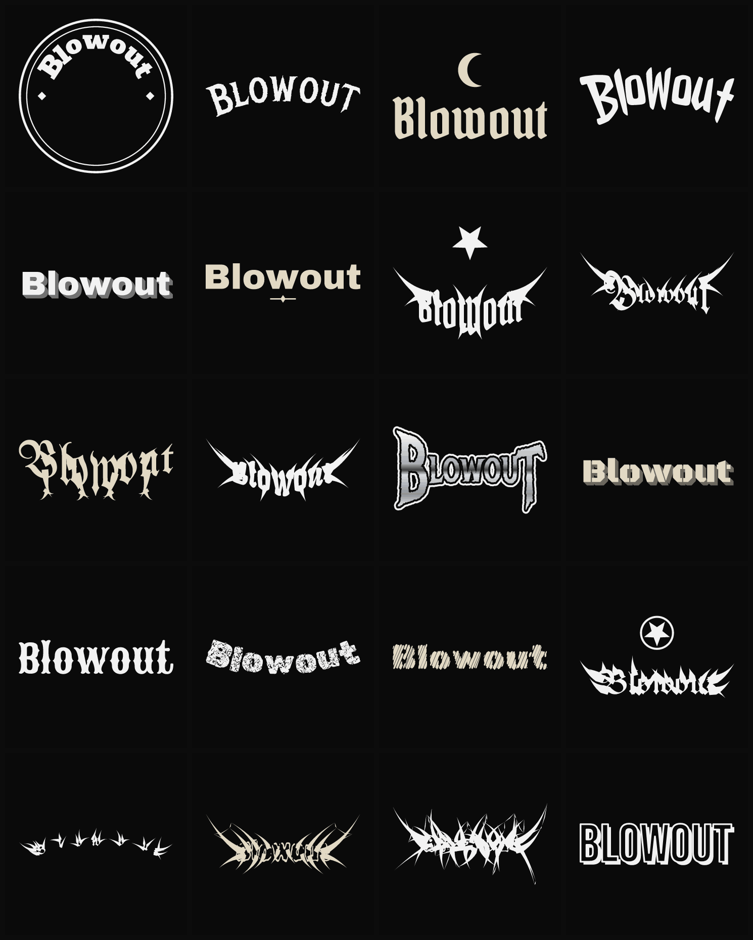 Twenty Blowout band logo ideas — different faces, treatments and spike settings