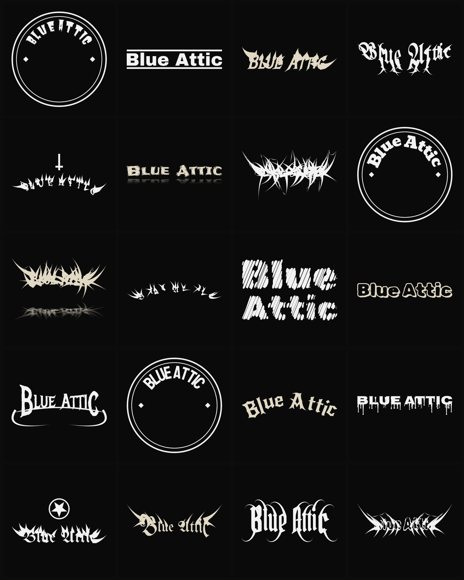 Twenty Blue Attic band logo ideas — different faces, treatments and spike settings