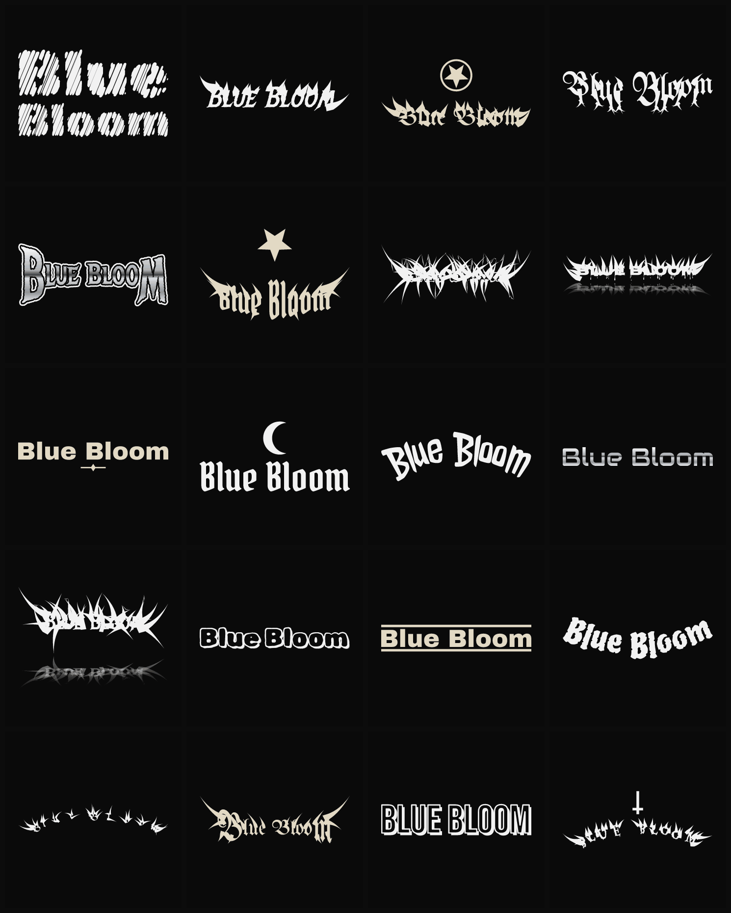 Twenty Blue Bloom band logo ideas — different faces, treatments and spike settings