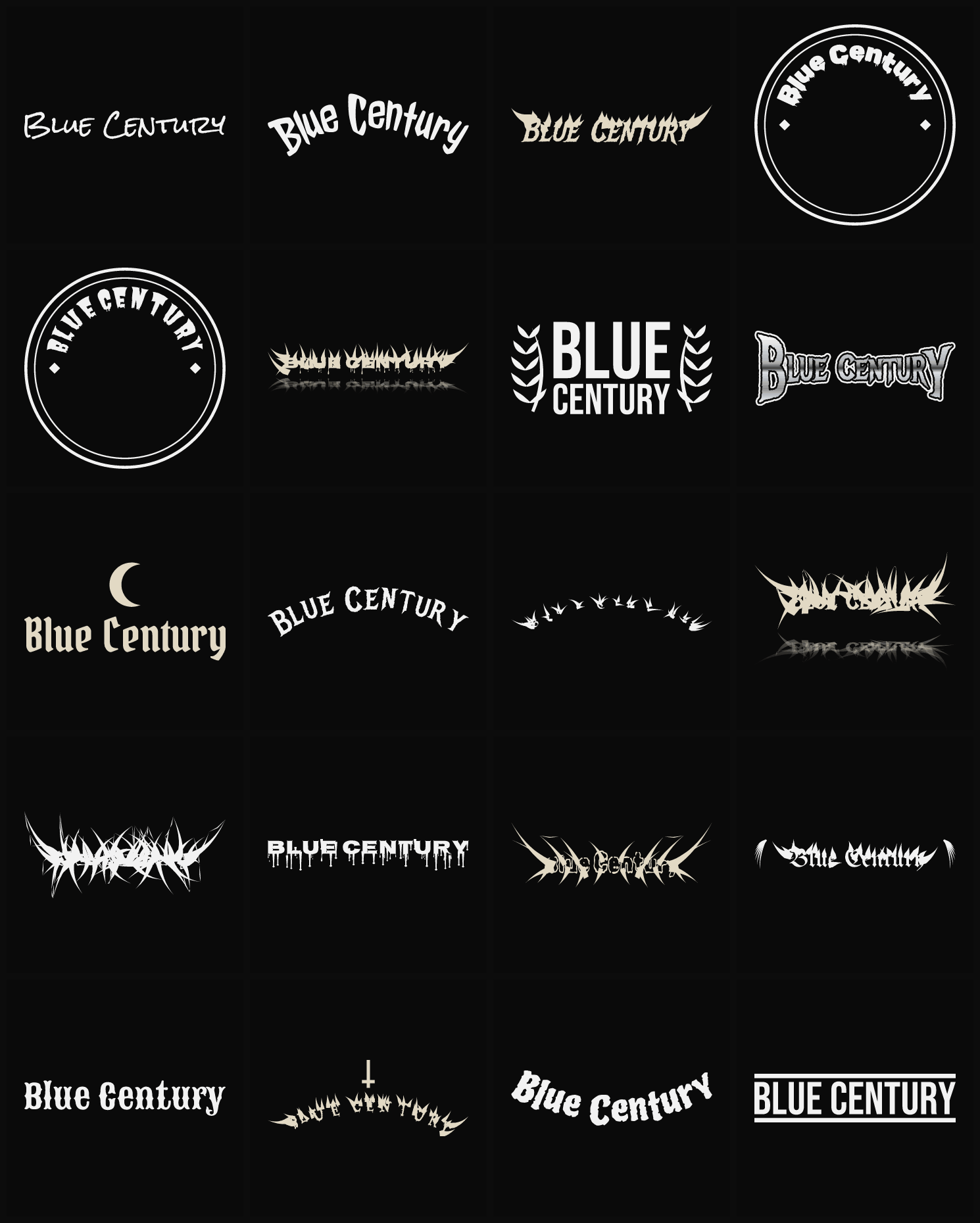 Twenty Blue Century band logo ideas — different faces, treatments and spike settings