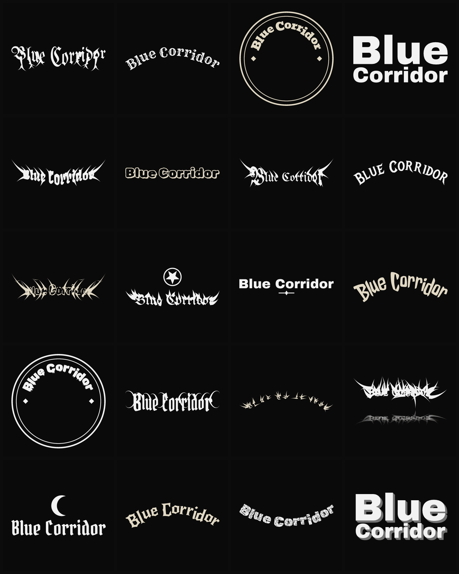 Twenty Blue Corridor band logo ideas — different faces, treatments and spike settings