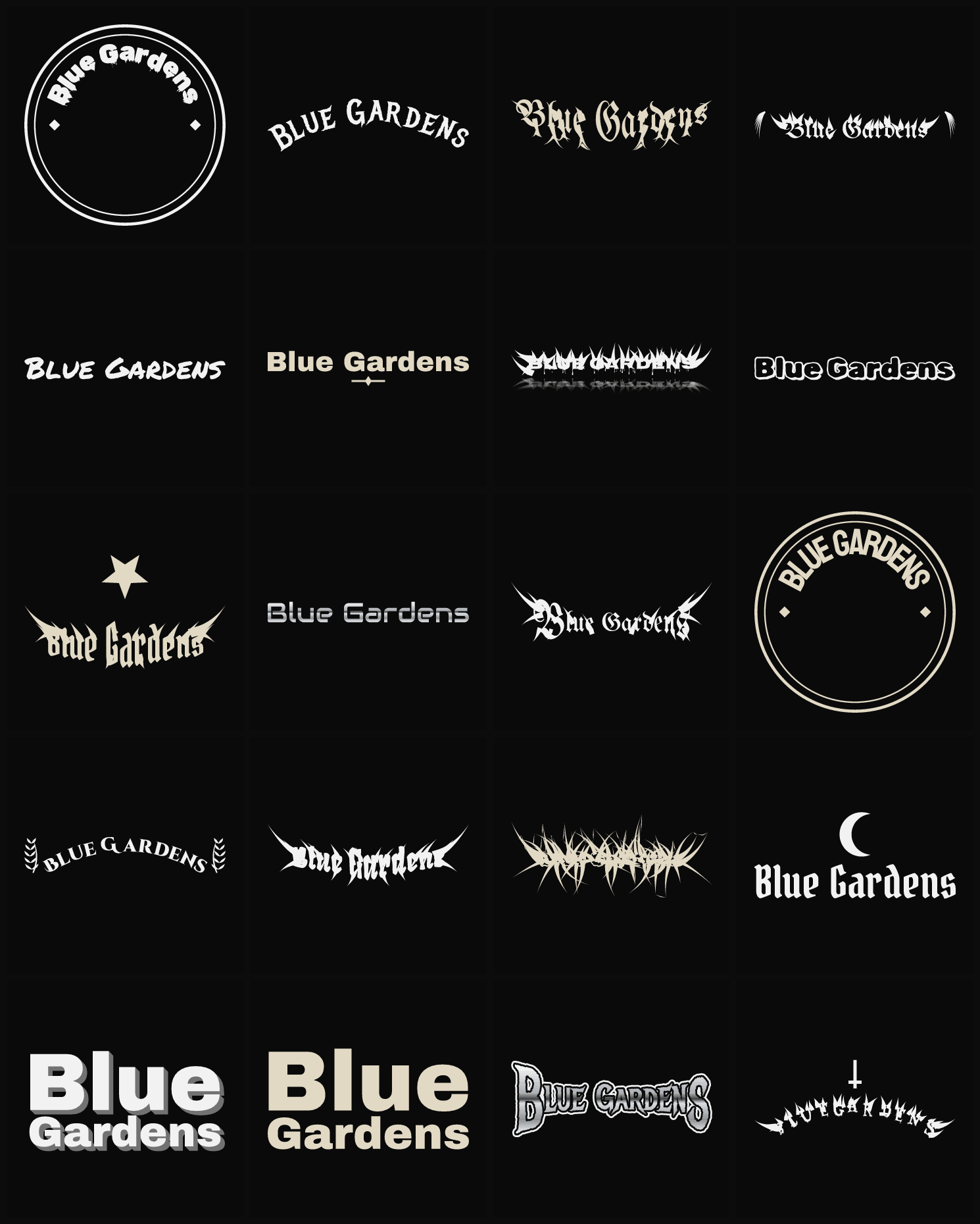 Twenty Blue Gardens band logo ideas — different faces, treatments and spike settings