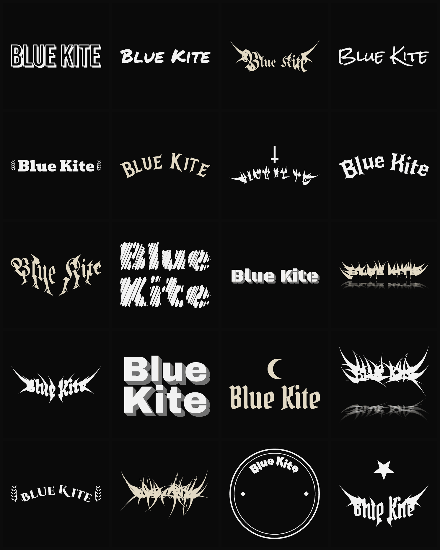Twenty Blue Kite band logo ideas — different faces, treatments and spike settings