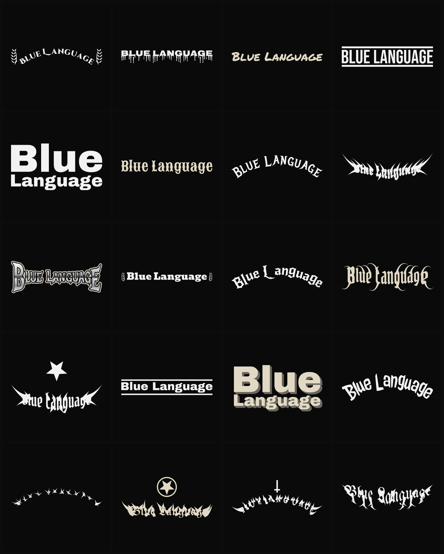 Twenty Blue Language band logo ideas — different faces, treatments and spike settings