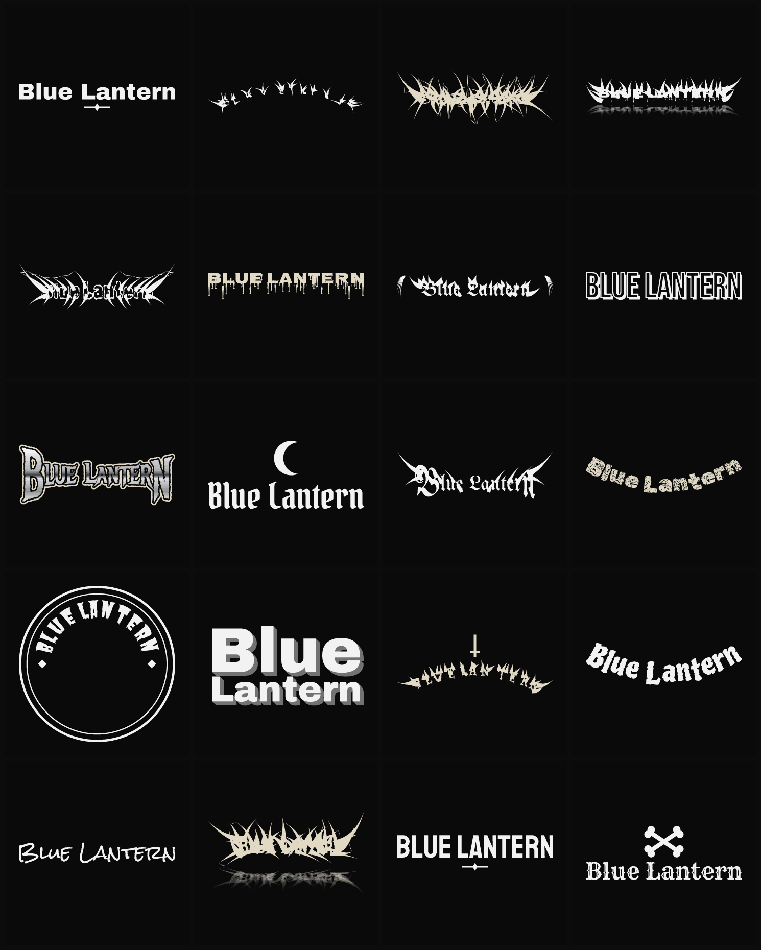 Twenty Blue Lantern band logo ideas — different faces, treatments and spike settings