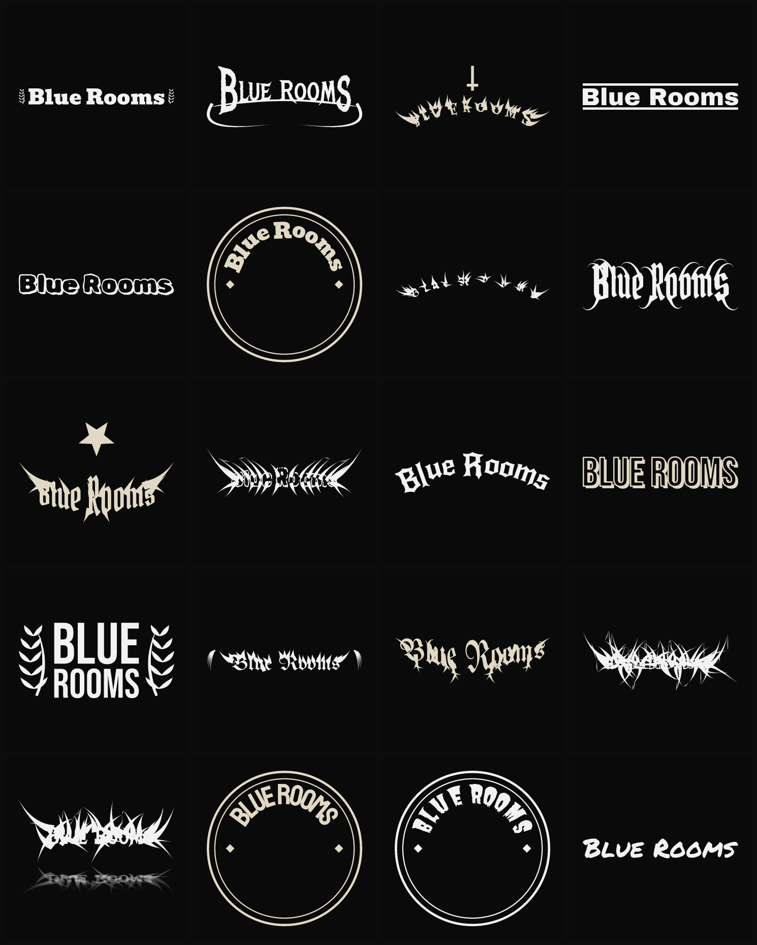 Twenty Blue Rooms band logo ideas — different faces, treatments and spike settings