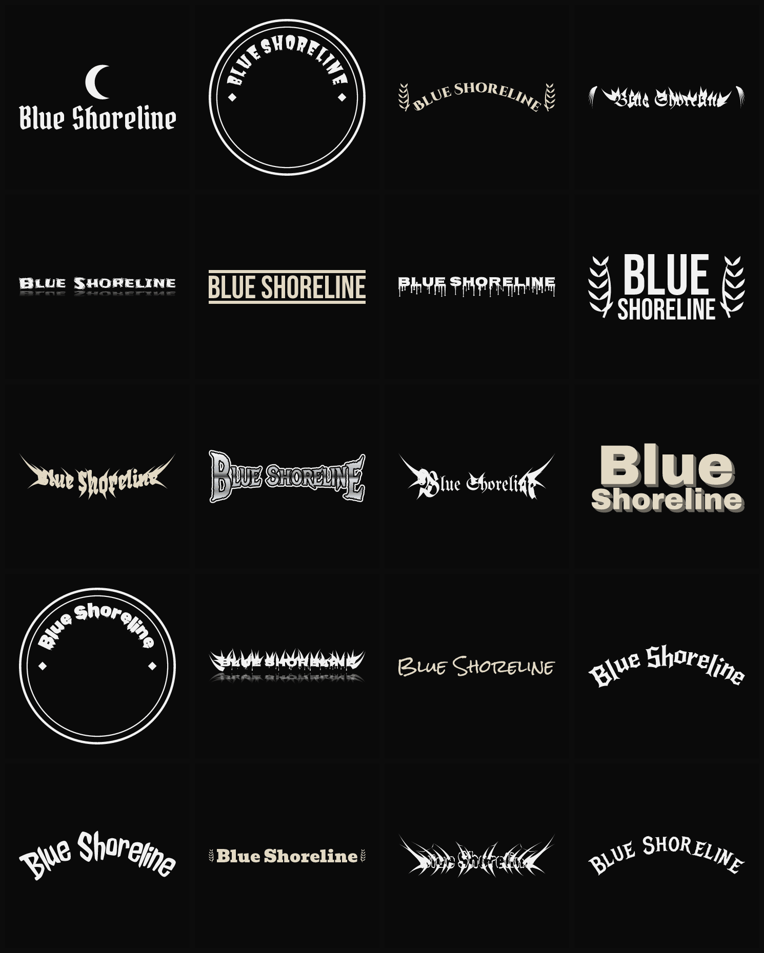 Twenty Blue Shoreline band logo ideas — different faces, treatments and spike settings
