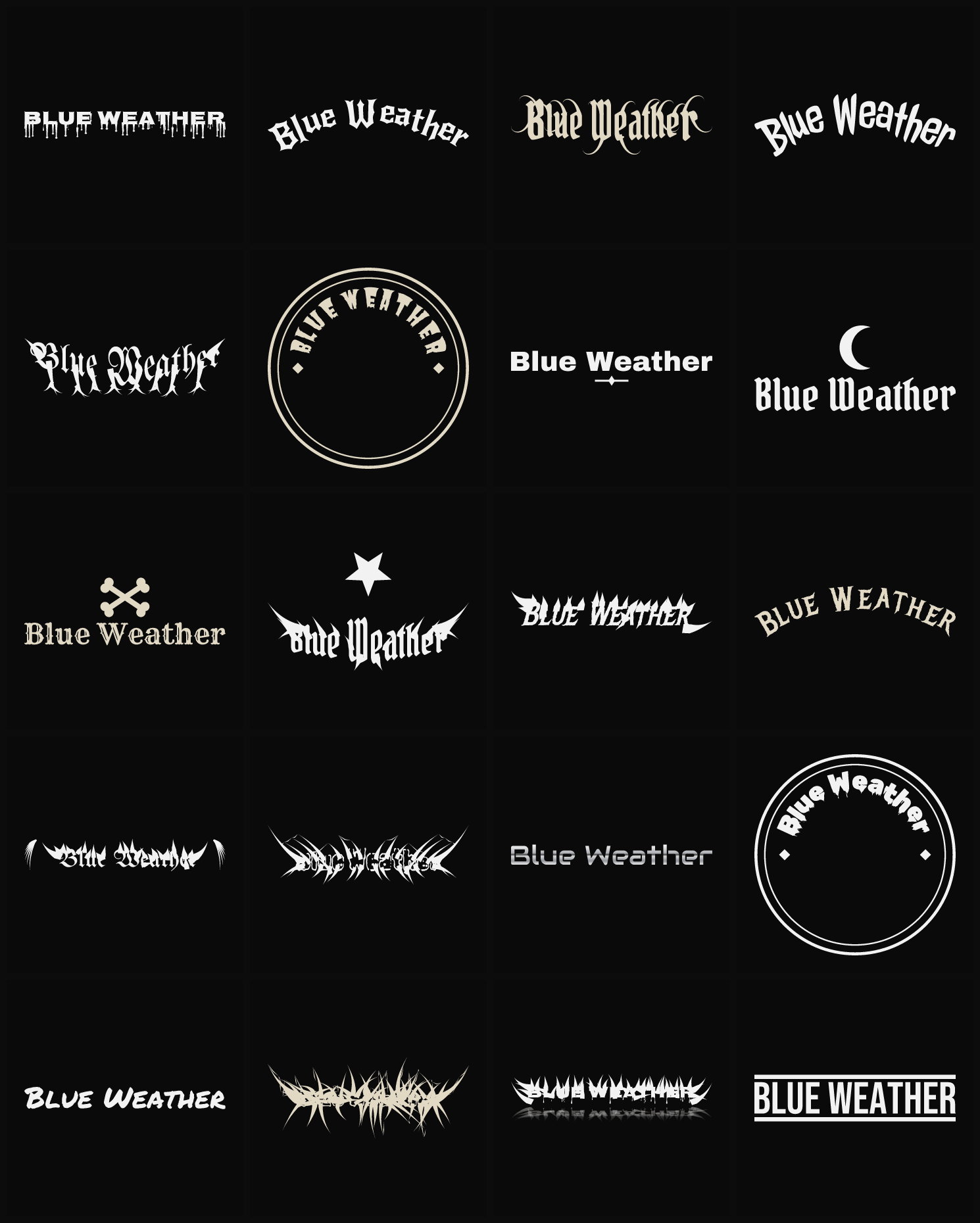 Twenty Blue Weather band logo ideas — different faces, treatments and spike settings