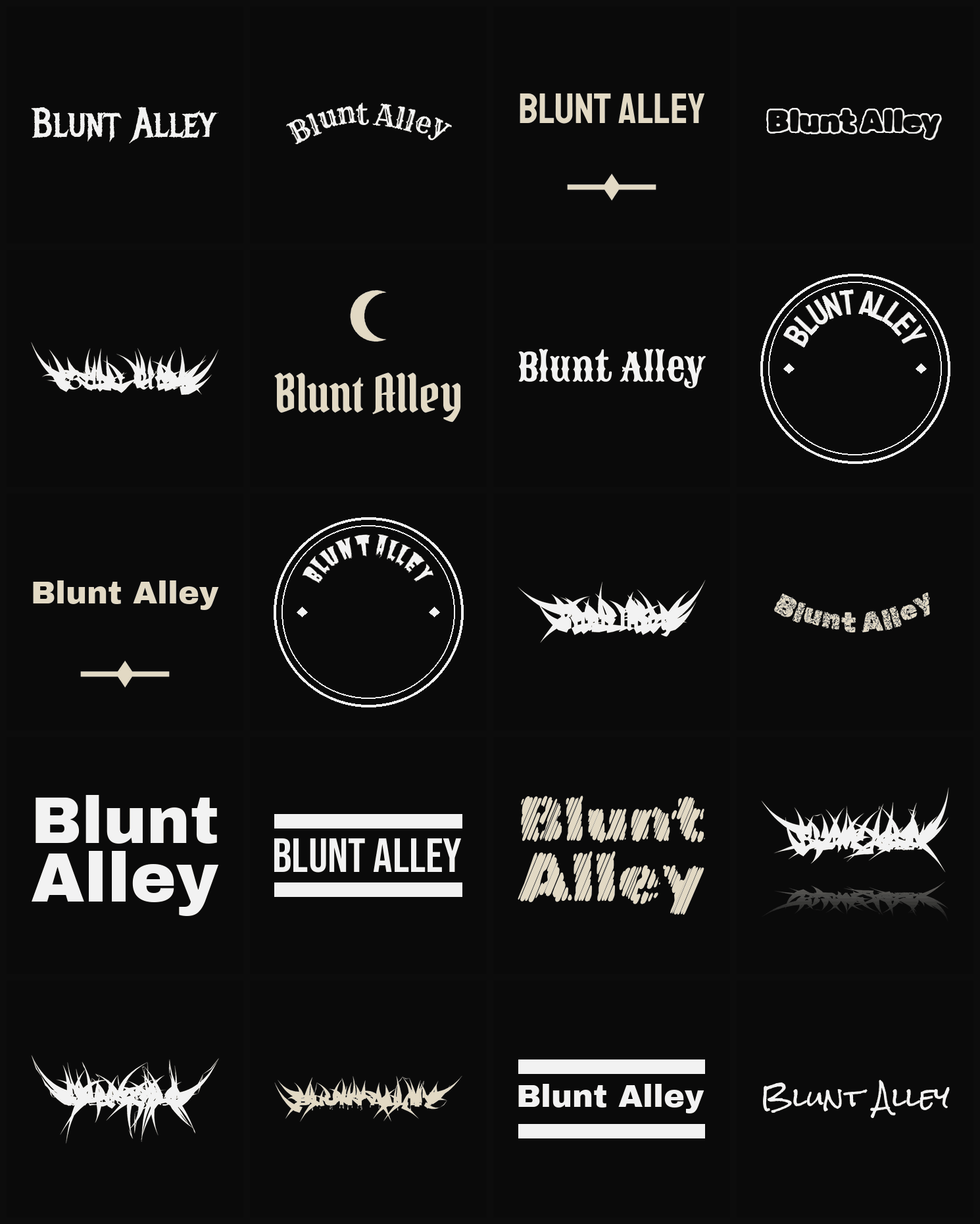 Twenty Blunt Alley band logo ideas — different faces, treatments and spike settings