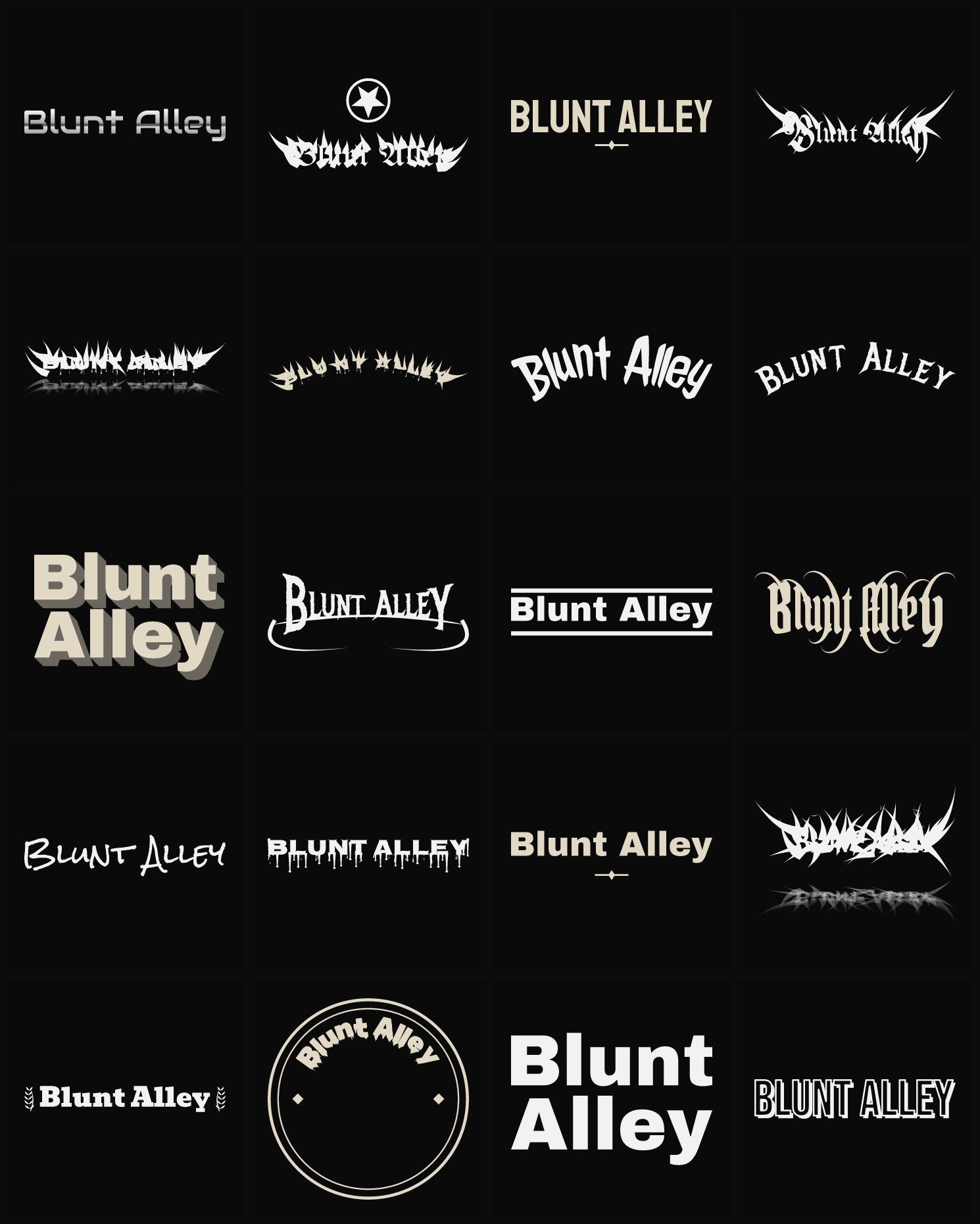 Twenty Blunt Alley band logo ideas — different faces, treatments and spike settings